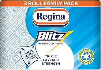 Regina Blitz Household Towels – 3 Triple Layered Rolls, 70 Sheets Per Roll, Paper Packaging, FSC Certified Paper, Recyclable Packaging, 60% Larger Than Standard Kitchen Roll Sheets