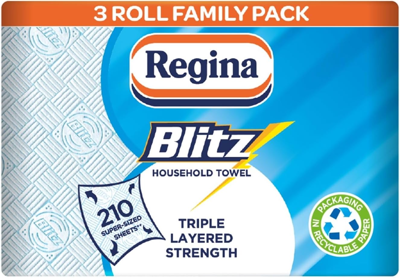 Regina Blitz Household Towels – 3 Triple Layered Rolls, 70 Sheets Per Roll, Paper Packaging, FSC Certified Paper, Recyclable Packaging, 60% Larger Than Standard Kitchen Roll Sheets