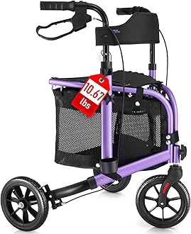3 Wheel Rollator Walker with Seat for Slim Seniors, Padded Backrest Lightweight Foldable Walker Ideal for Elderly, 8 Inch Tri-Wheel Modern Mobility Walking Aid Aluminum, Purple
