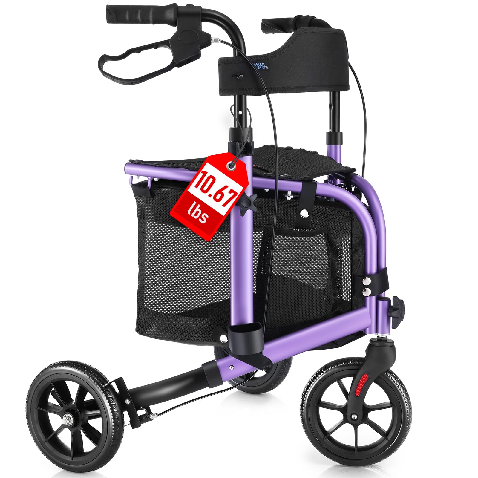3 Wheel Rollator Walker with Seat for Slim Seniors, Padded Backrest Lightweight Foldable Walker Ideal for Elderly, 8 Inch Tri-Wheel Modern Mobility Walking Aid Aluminum, Purple