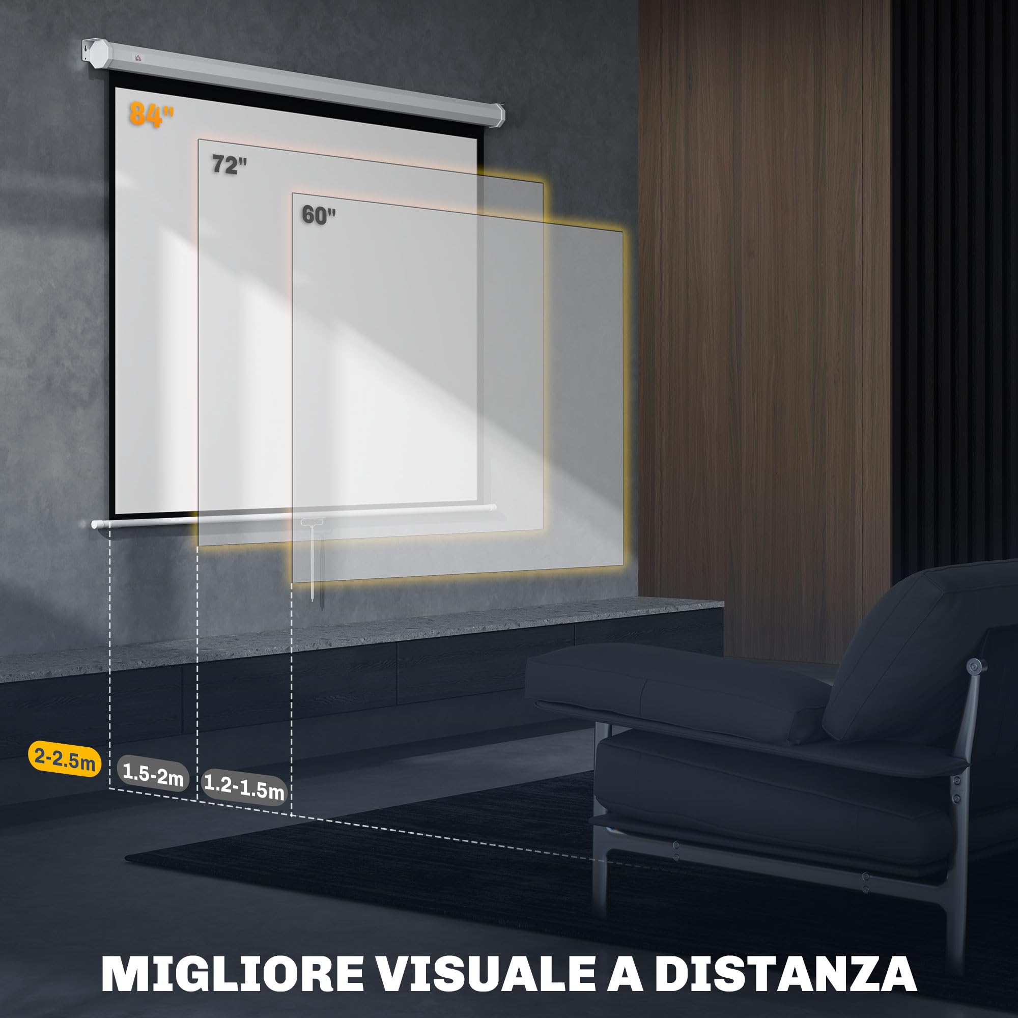 HOMCOM Telo Proiettore da 84 Pollici 4K HD Formato 4:3, Altezza Regolabile Manuale, Schermo Proiettore da Parete Soffitto, Grandangolo 160°, Telo Videoproiettore per Casa Home Cinema Ufficio, Bianco