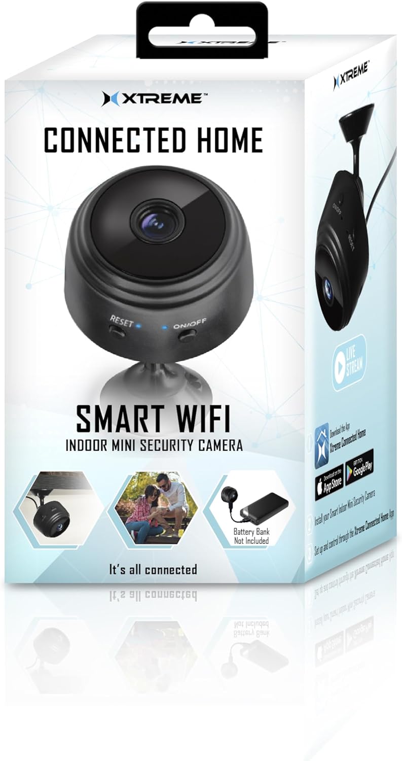 XTREME Mini Security Camera packaging showing app store logos