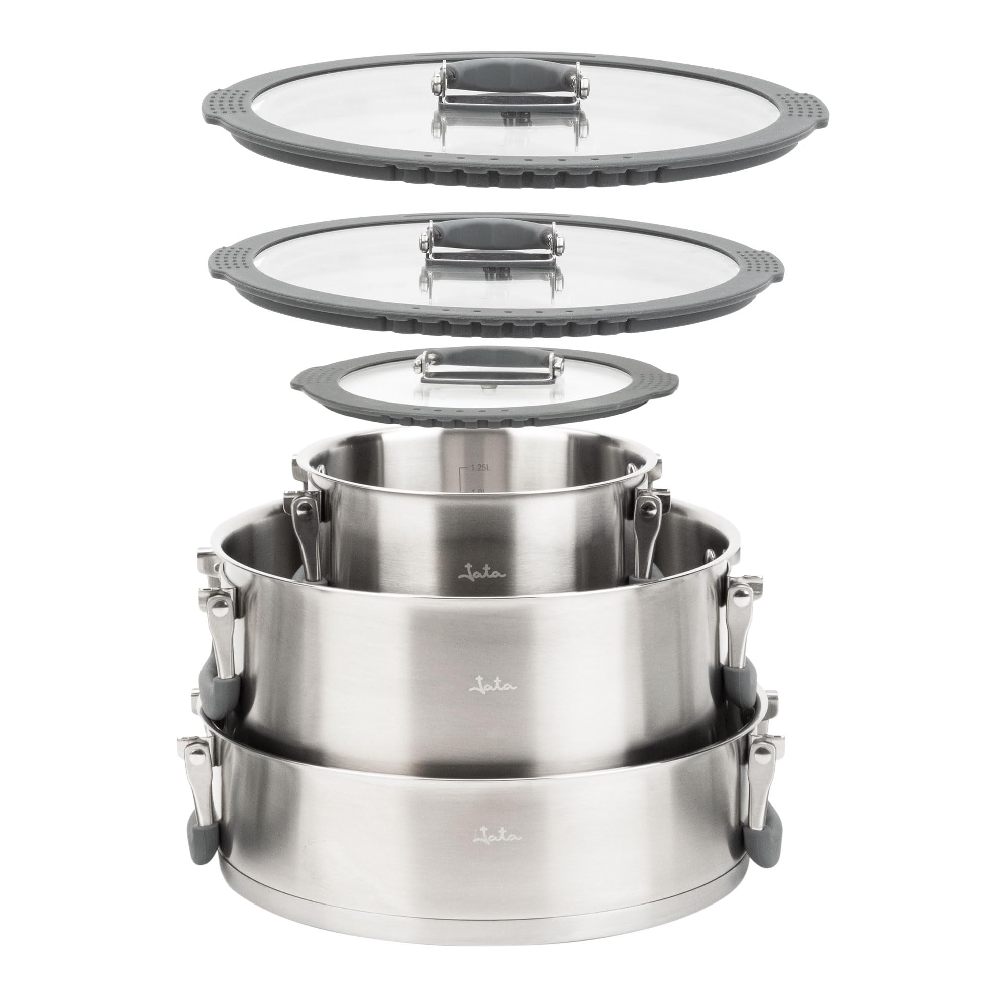JATA HOGAR HBAT2552 - Set de Ollas Apilables de Acero Inoxidable 304, 3 Ollas con Tapas de Cristal, Asas Plegables con Silicona, Ahorro de Espacio, Aptas para Inducción, Gas y Vitrocerámica