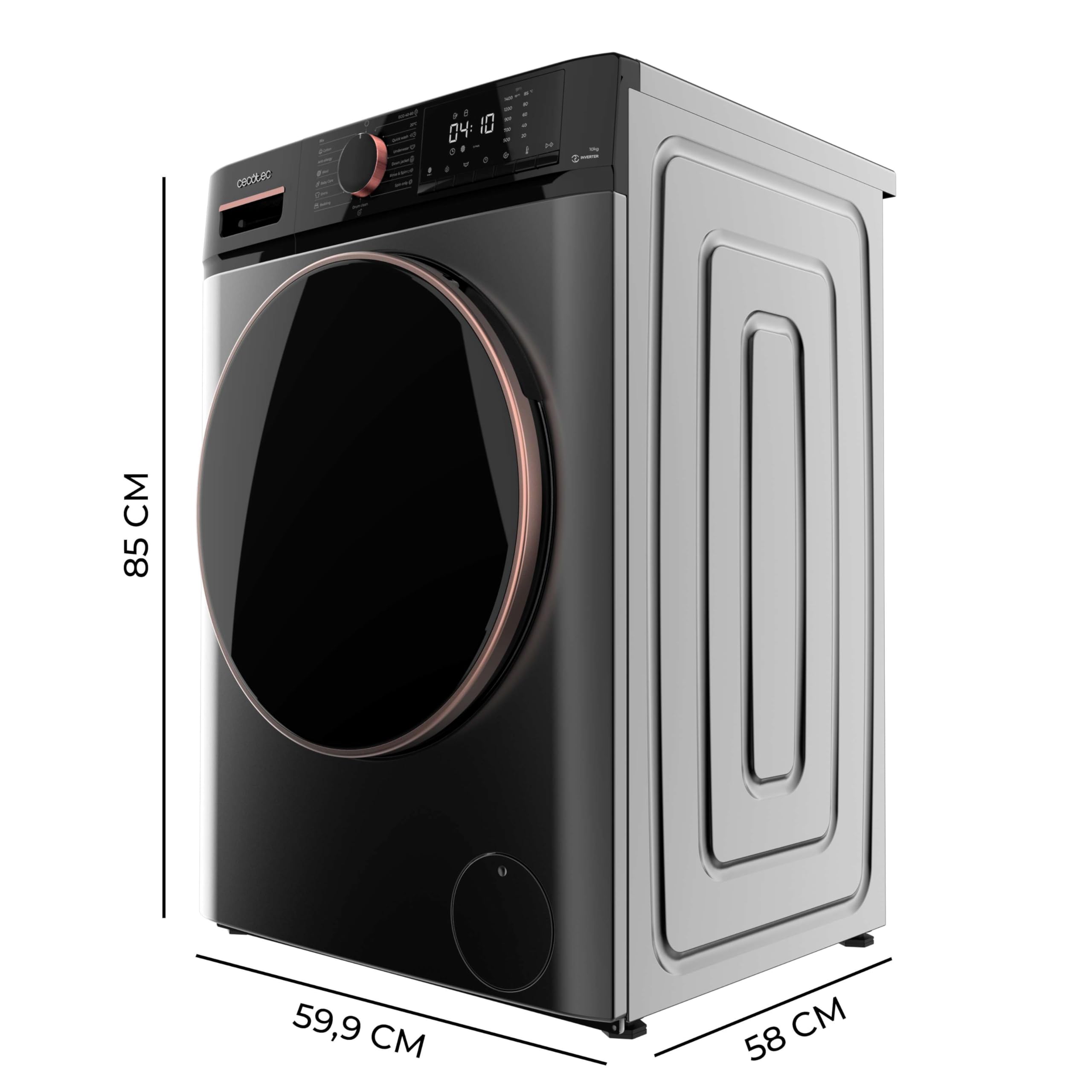 Cecotec Pralka 10 kg - Bolero ładunek Front DressCode 10610 Inverter Steel A. 1400 obr./min, Steam Max, Motor Inverter Plus, 15 programów, OnSmart, Smooth Wash, Stop&Go, guma antybakteryjna, Drum