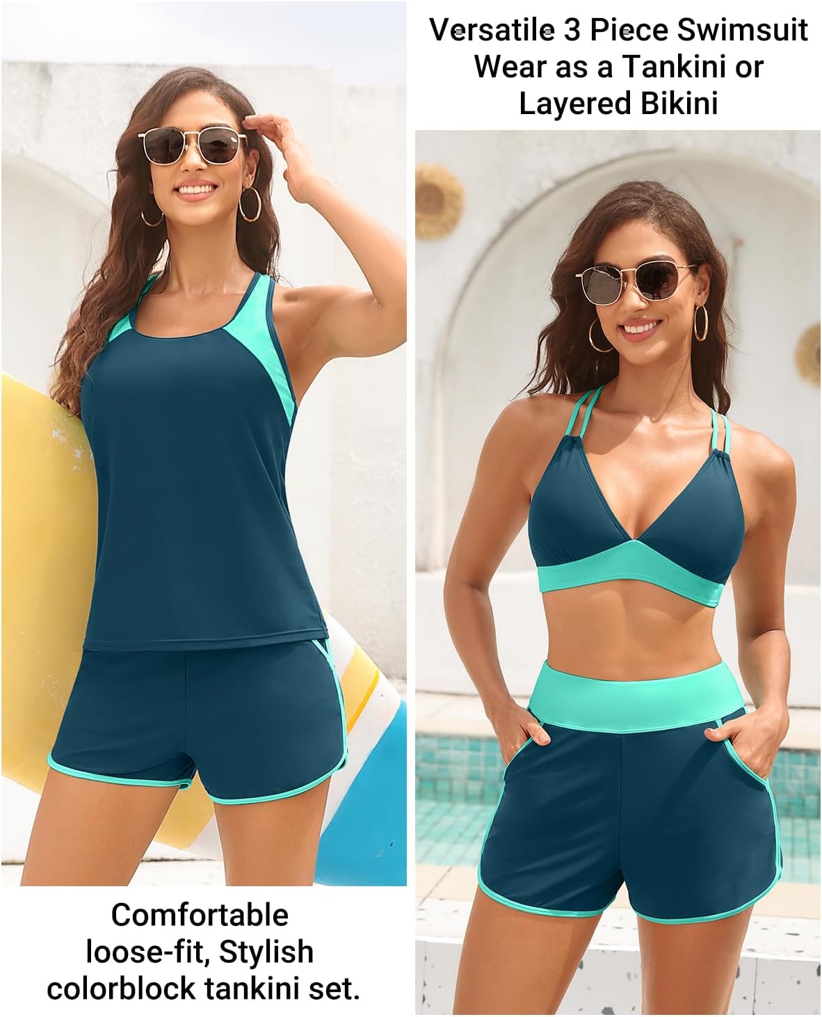 Daci Women 3 Piece Tankini Swimsuits - Tummy Control Tank Top with Bra Modest Bathing Suit with Pockets Boyshorts Bottom 2026 - Image 5