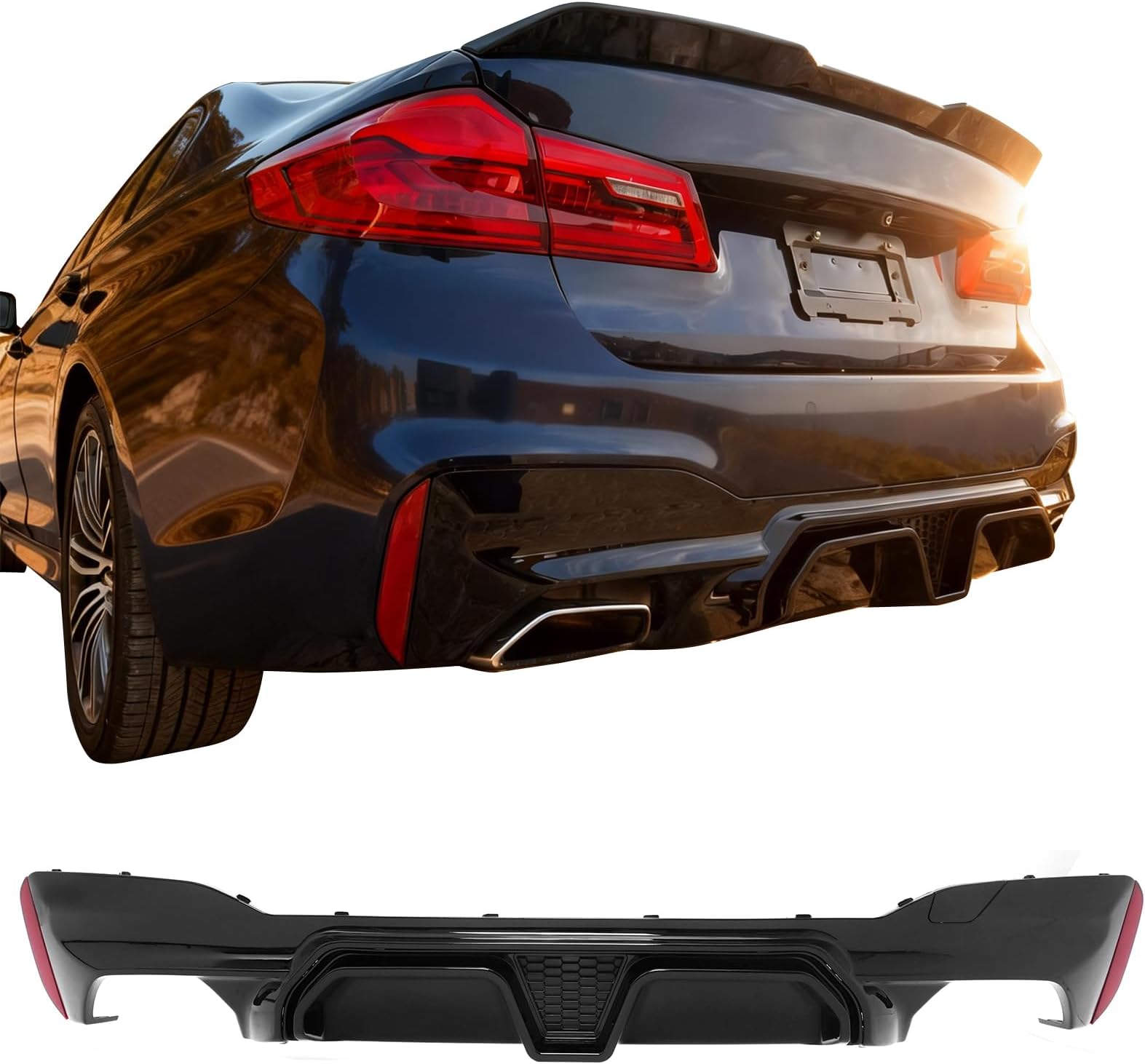 IKON MOTORSPORTS Rear Diffuser, Compatible with 2017-2023 BMW 5 Series G30 Sedan M Sport, F90 M5 CS Style Gloss Black PP Rear Bumper Lower Spoiler Air Dam Chin Valance Splitter 1PC