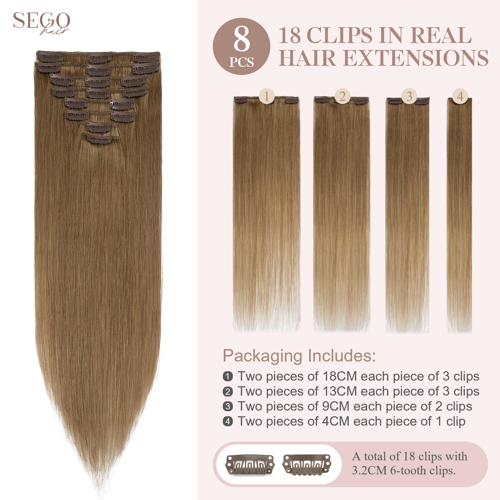 SEGOHAIR 8 PCS Hair Extensions Clip in Real Human Hair, 12 inch Thin Full Head Human Hair Extensions Straight - Chestnut Brown (55g) - Image 2