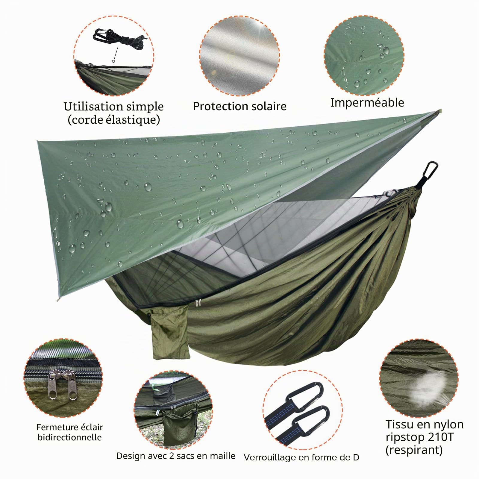 NewDoar Hamac de camping avec moustiquaire et bâche anti-pluie, ensemble de parachute portable en nylon avec sangles d'arbre, lit balançoire pour randonnée, randonnée (vert militaire)