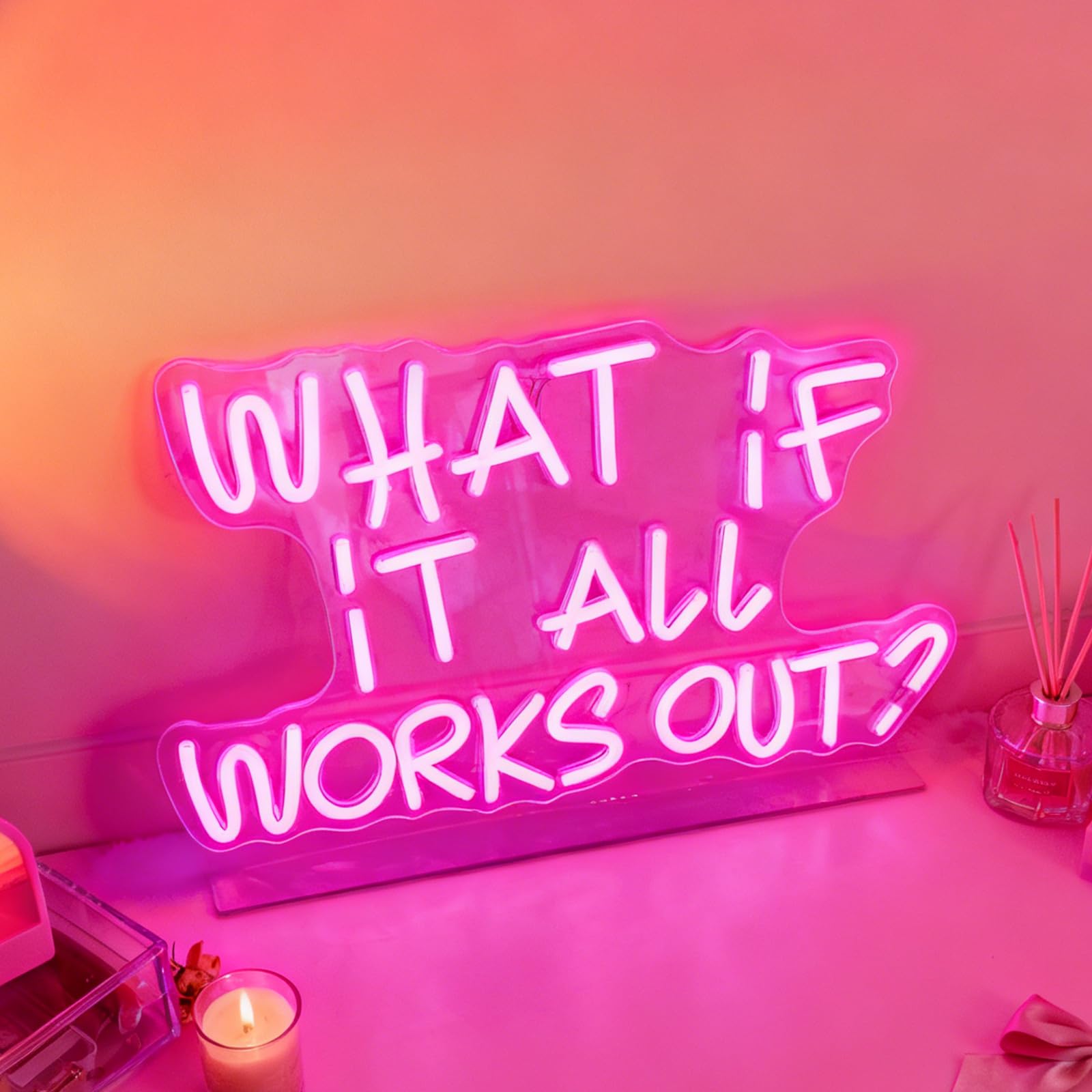 What If It All Works Out Neon Sign, USB Powered Dimmable Decorative Light for Home Living Room Bedroom Office Gift Wall Table Decor, Motivational Quote Light Up Sign 16.9 x 10.2 In