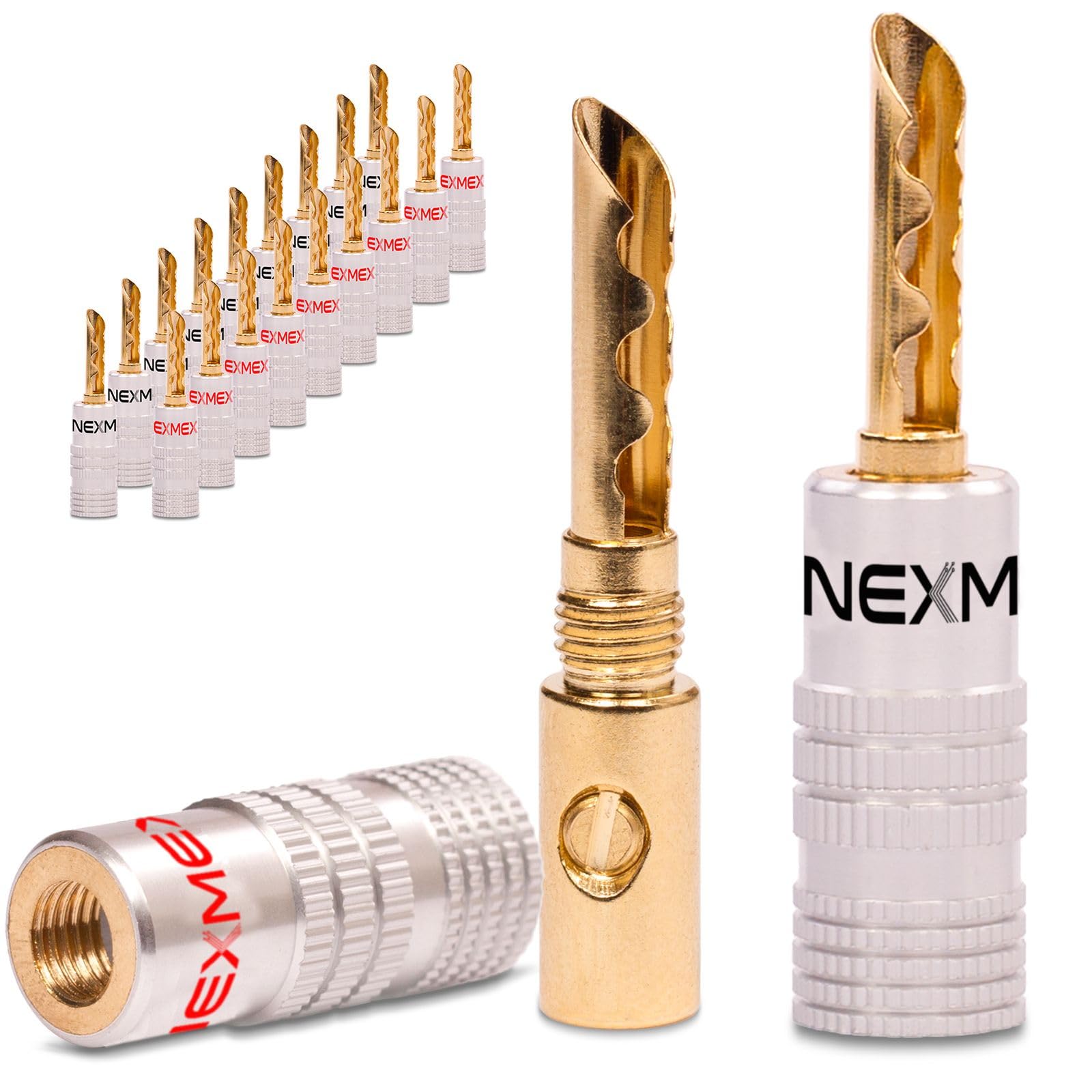 NEXMEX Hohl Bananenstecker 4mm - 20 Stück Stecker als Set - Hohl Steckverbinder 24K vergoldet Hohlbananas für Lautsprecherkabel - HiFi Lautsprecheranschluss