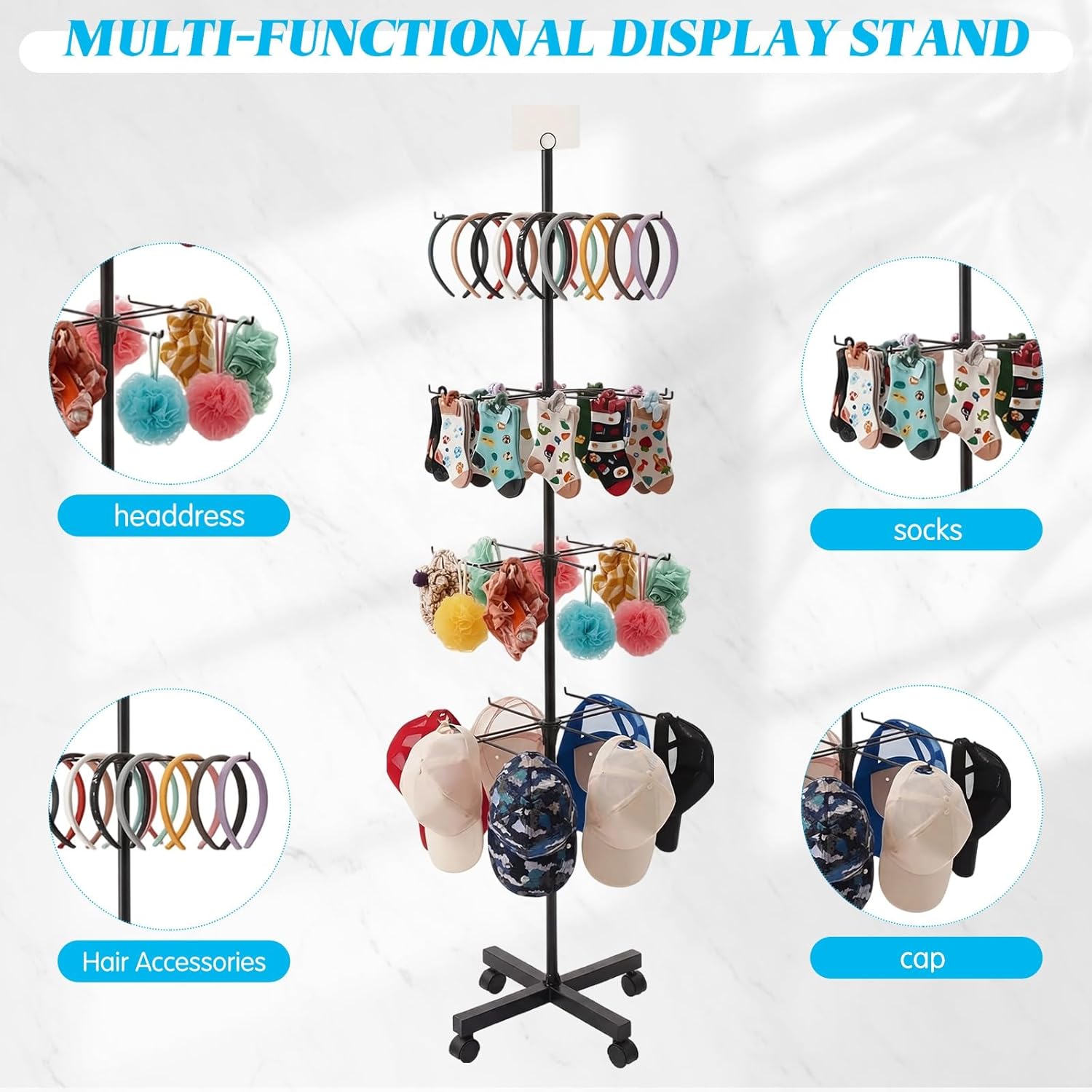 Ripeng 2 Pcs 4-Tier Rotating Retail Display Stand - Spinning Display Rack with Wheels for Earring Jewelry Keychains - Adjustable Movable Shop Spinner for Vendor Events & Stores Craft Shows, Black
