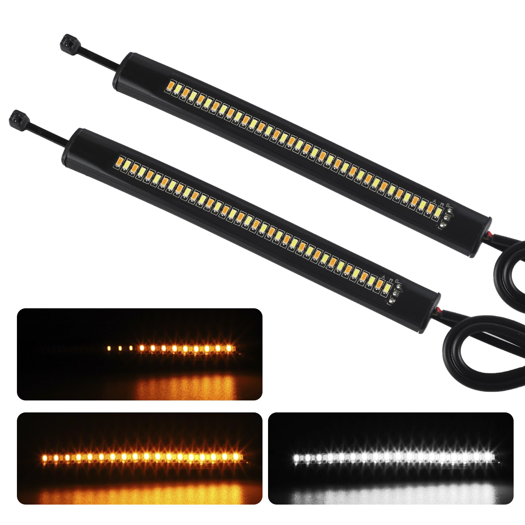 2Pcs Universal Motorcycle Light Strips, Super Bright LED Fork Turn Signal Lights & Daytime Running Light, Waterproof Easy to Install Adjustable License Plate Light Strips - White & Amber