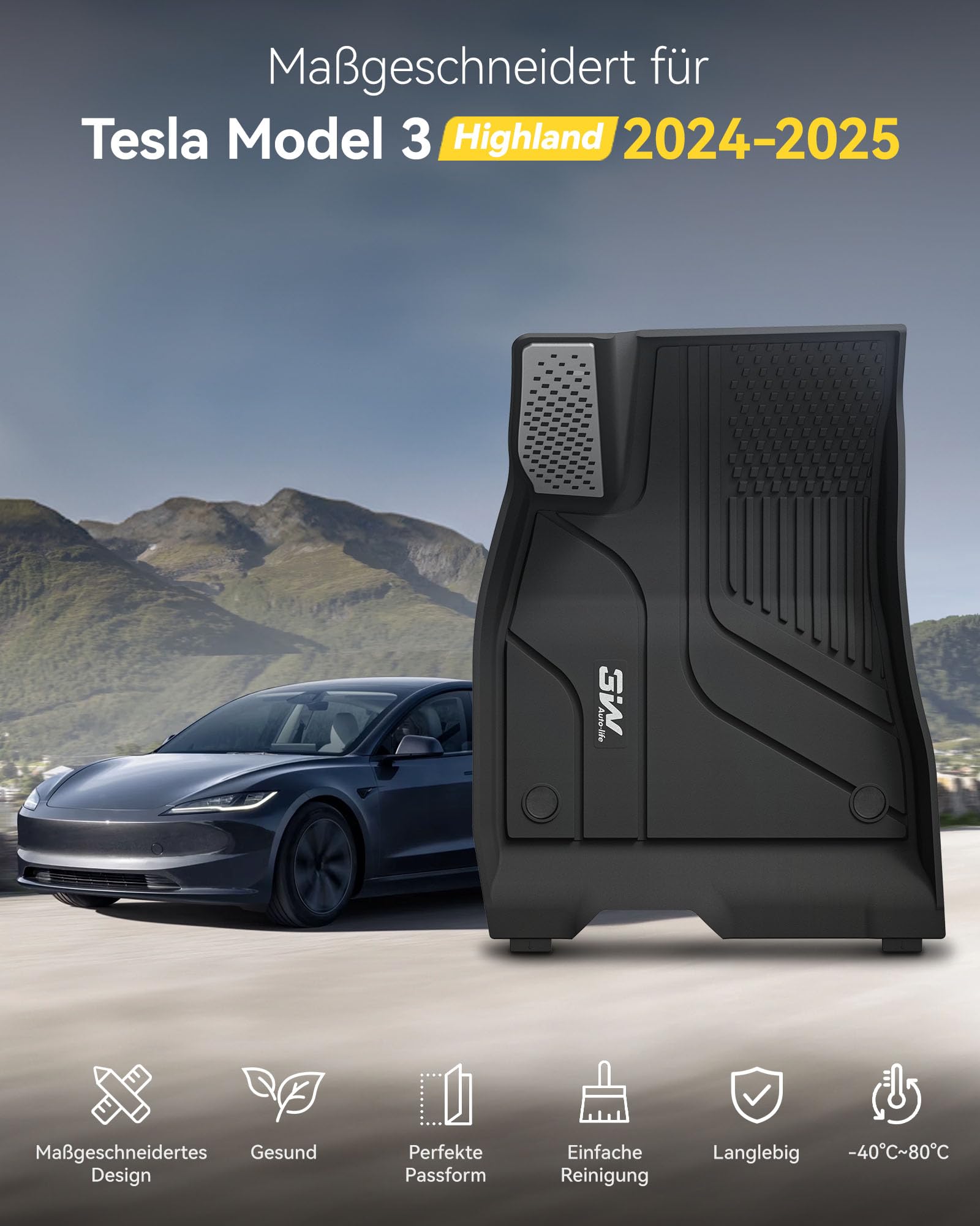 3W Fußmatten mit Metallpedal und Kofferraumwannen 6-teilige für Tesla Model 3 Highland 2024-2026, Thorex™ TPE Allwetter Fussmatte und Kofferraum Matte Autofußmatten Zubehör, Schwarz Antirutschmatten