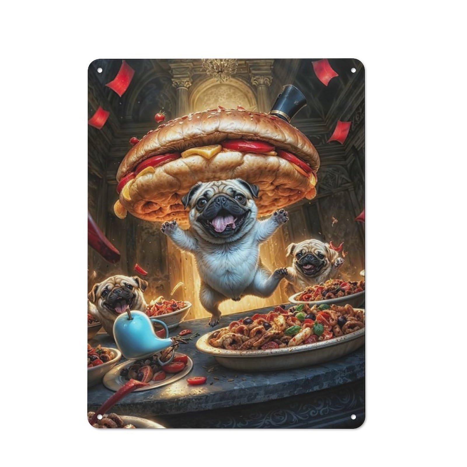 Junmoney Pug Party Metal Wall Sign 40X30cm Featuring For Home Bar Wall, Suited To Bar Sign Collectors