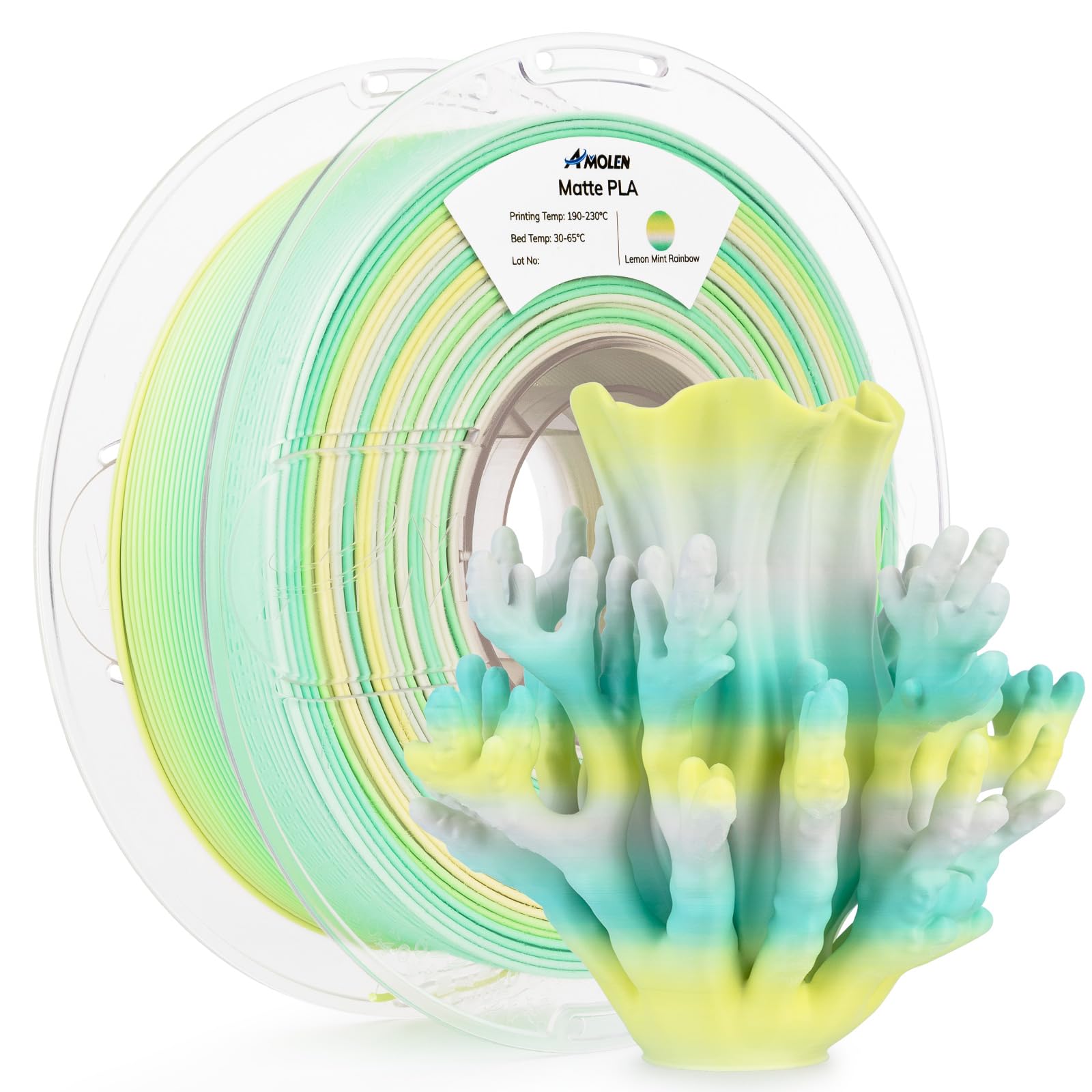 AMOLEN Matte PLA 3D Printer Filament 1.75mm, Multicolor Gradient Rainbow Color Changing 3D Filament for Most FDM 3D Printers, Dimensional Accuracy +/- 0.02mm, 1kg Spool (2.2lbs) Mint Lemon Gradient