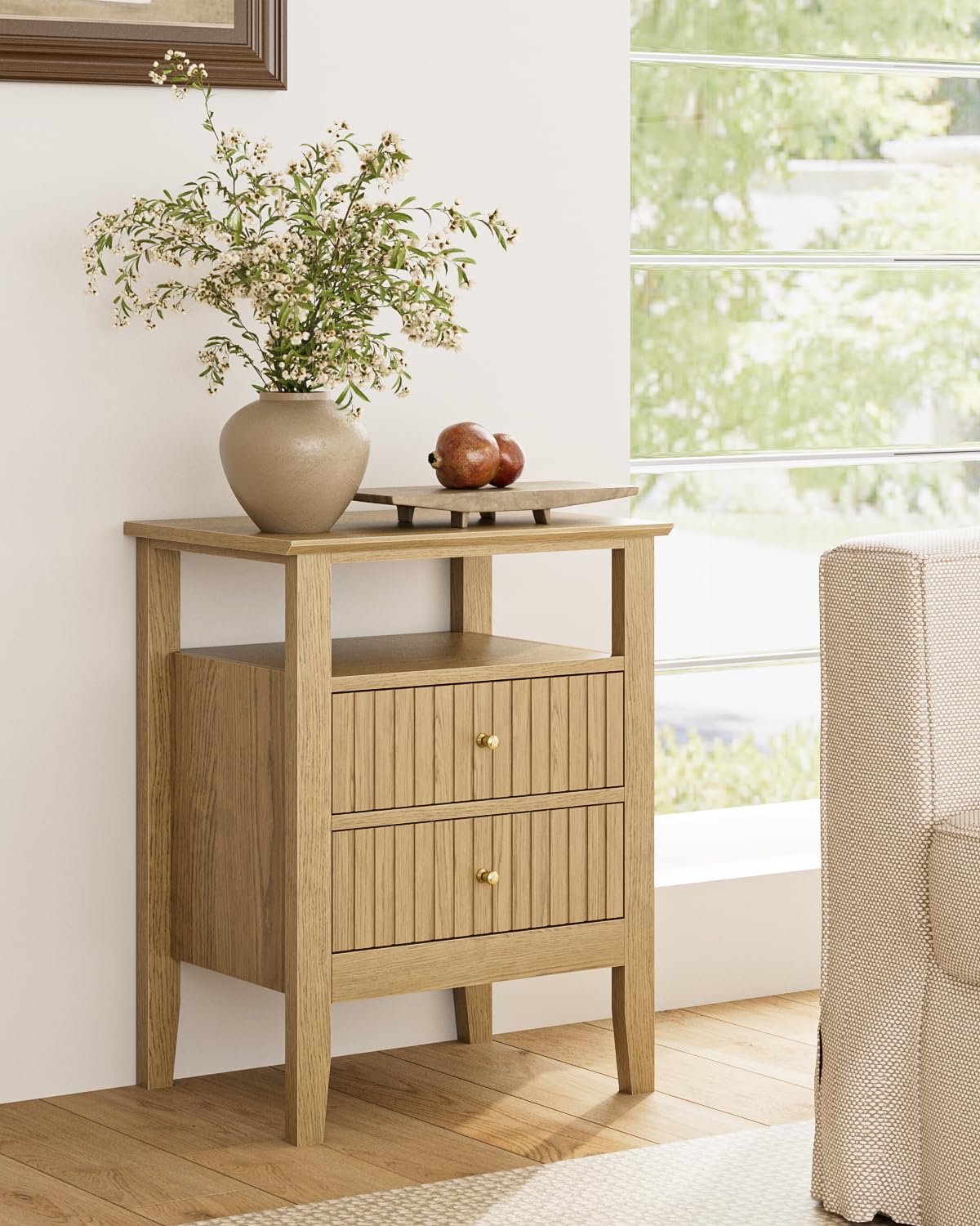 HEYZOEY Mesita de noche retro con 2 cajones, mesita de noche de madera maciza, estilo bohemio, para dormitorio, salón, roble miel