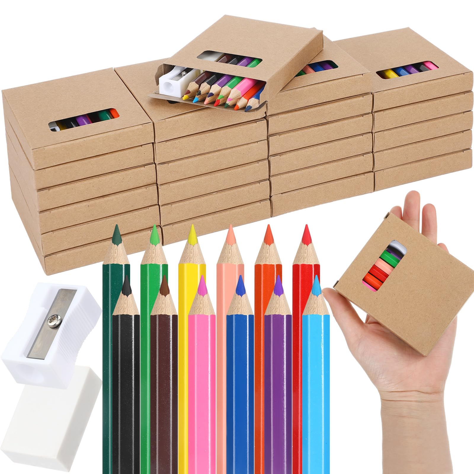 Noveread 288 Pcs / 24 Boxes Christmas Mini Colored Pencils Bulk for Kid 3.5 Inch Short Drawing Colored Pencil with Sharpener Eraser for Christmas