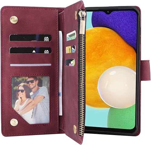 Miniatura 8 de LBYZCASE Funda para Galaxy A14 5G (2023) con ranuras para tarjetas, cierre magnético, cartera de cuero con cremallera y correa de muñeca para