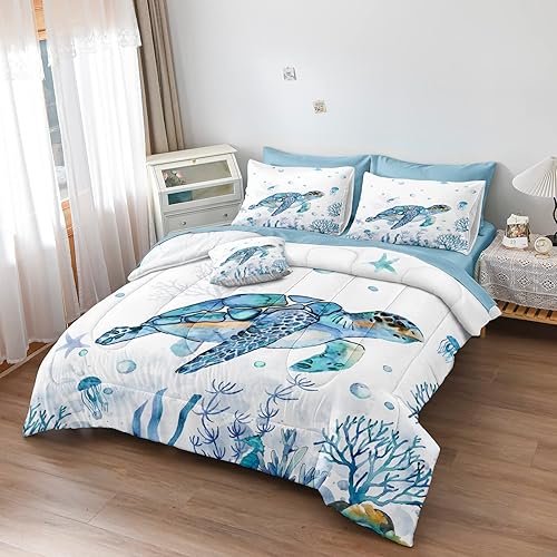 Miniatura 5 de Juego de ropa de cama con temática oceánica, 8 piezas, cama Queen en una bolsa, edredón costero de playa con diseño de tortuga azul turquesa y