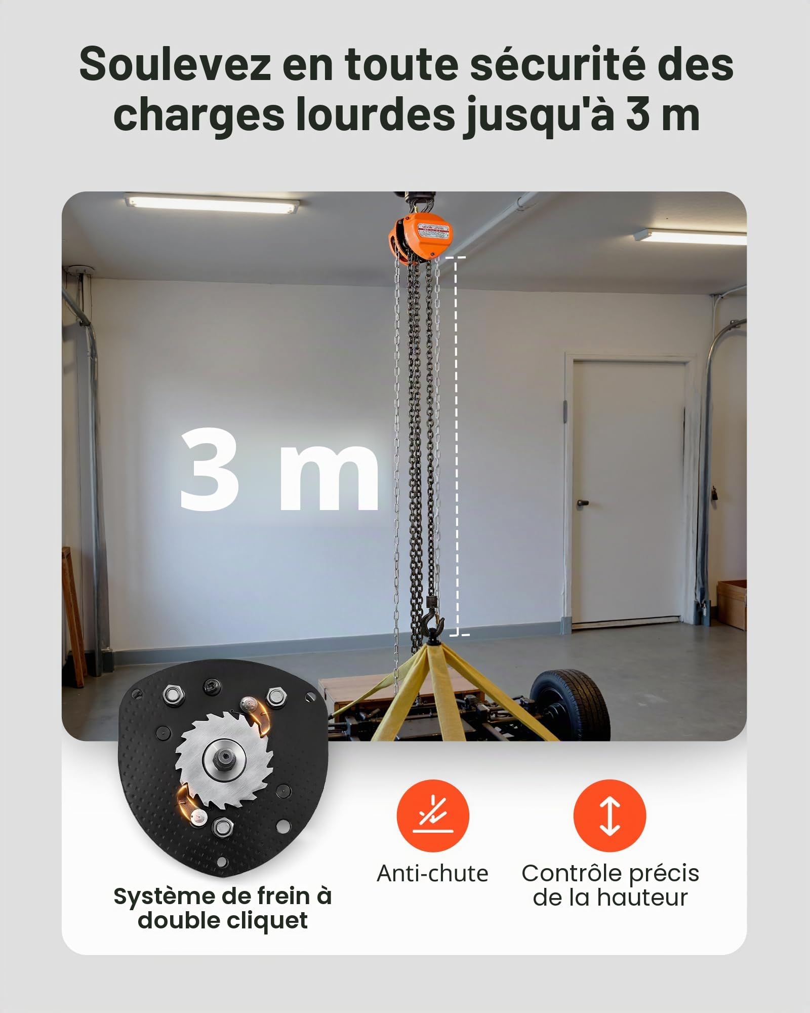 VEVOR Palan Manuel à Chaîne, Capacité Charge 1 T, Hauteur de Levage 3 m, avec Crochet Robuste, Chaîne G80, Système de Frein à Double Cliquet, Levage de Marchandise pour Garages, Chantiers, Entrepôts