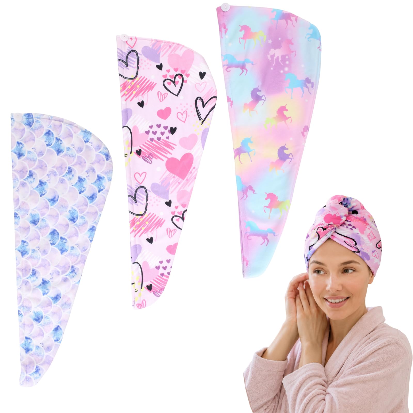 ZOTRAHG 3 Pack Kids Hair Towel Wrap,Microfibre Rapid Drying Hair Turban,Anti Frizz hair Towels with Elastic Strap & Button Cute Design for Girls Women, Swimming & Daily Use