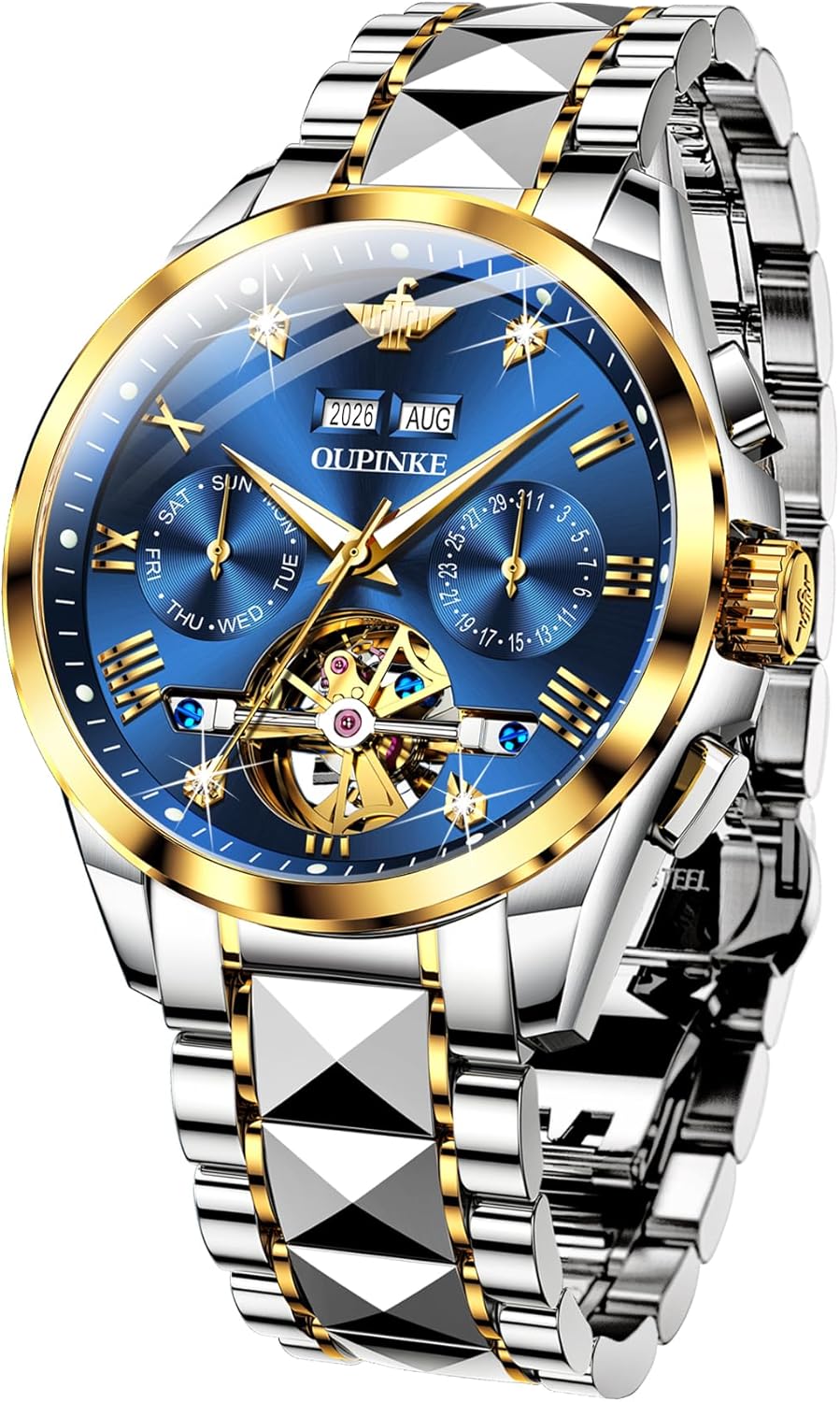 OUPINKE Mens Automatic Watches Diamond Skeleton Self Winding Luxury Dress Wrist Watch Sapphire Crystal Tungsten Steel