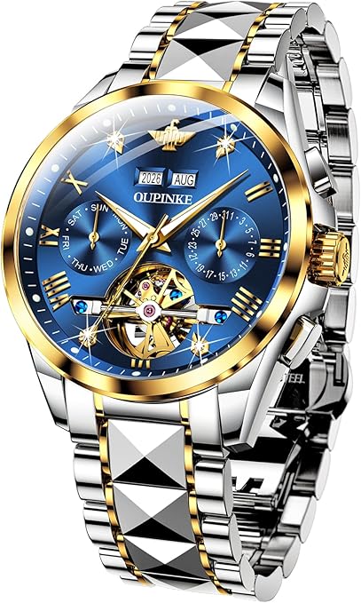 OUPINKE Mens Automatic Watches Diamond Skeleton Self Winding Luxury Dress Wrist Watch Sapphire Crystal Tungsten Steel