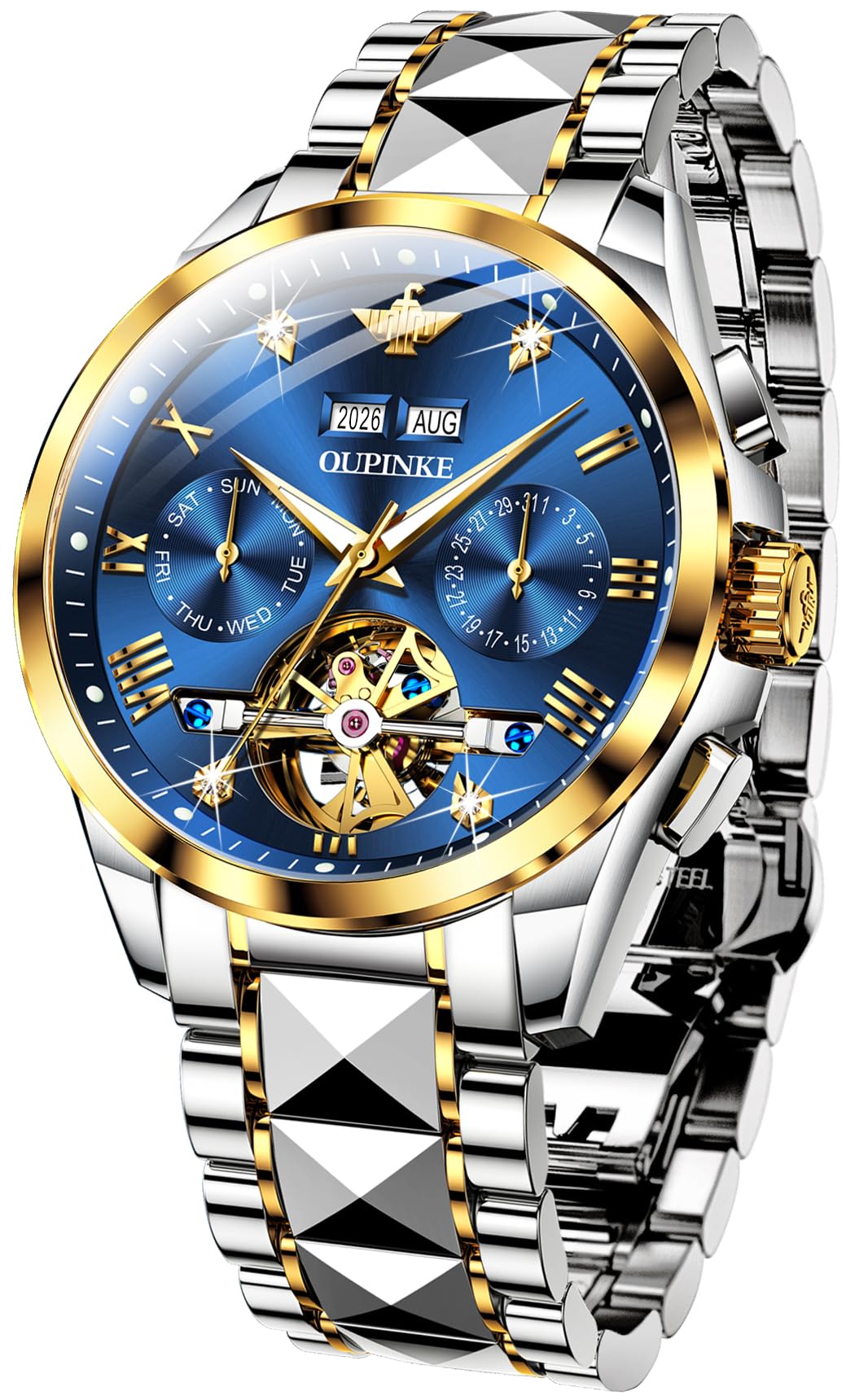 Photo 1 of OUPINKE Mens Automatic Watches Diamond Skeleton Self Winding Luxury Dress Wrist Watch Sapphire Crystal Tungsten Steel