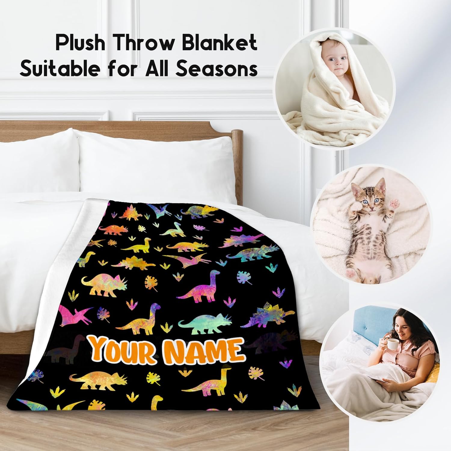Custom Dinosaur Blanket with Name - 50x60 Inches Cute Throw for Boys - Black Soft Fuzzy Blankets for Couch & Office