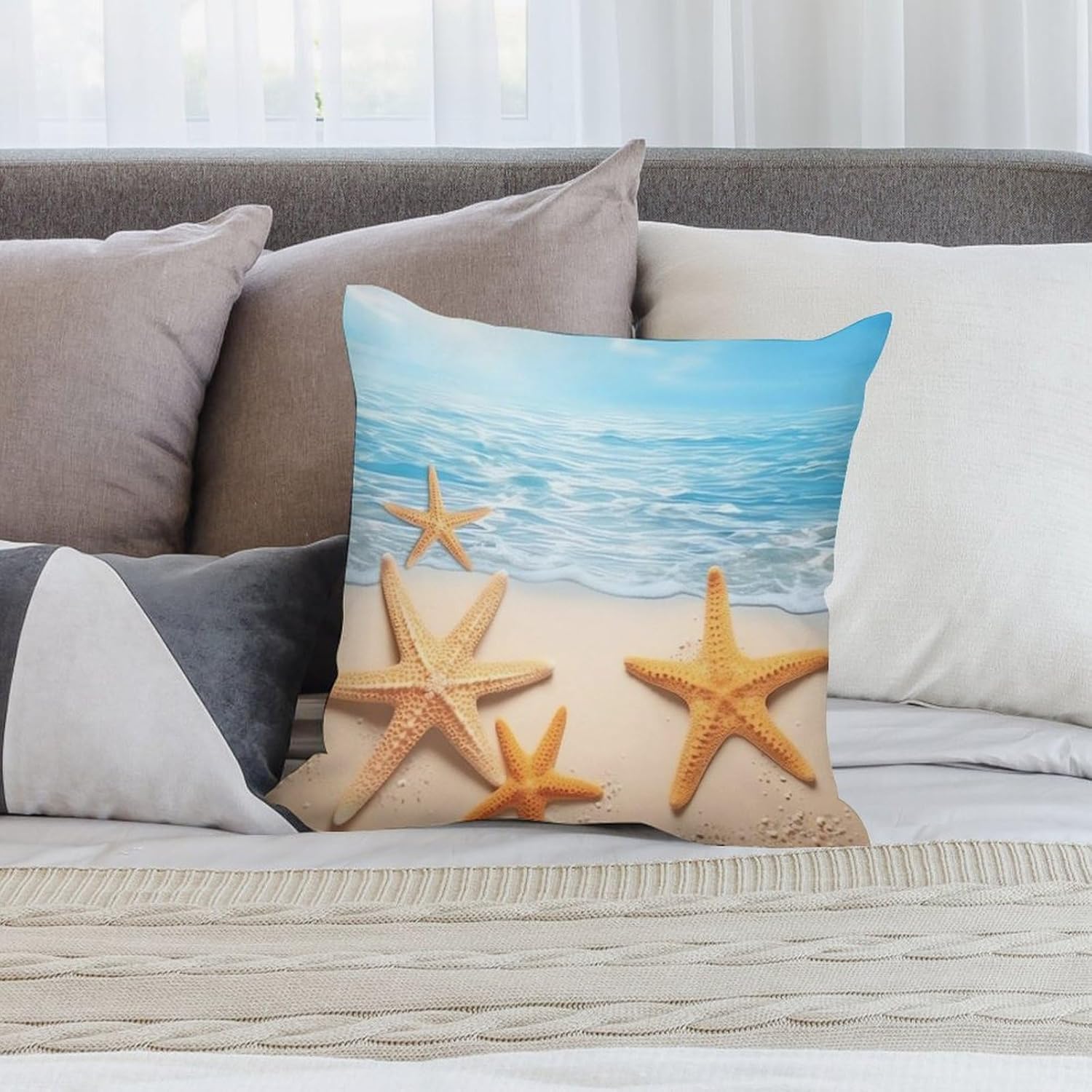 Zippered Pillow Cover, Pillow Protector, Summer Starfish Printed Pillow Cover of 4, Pillow Not Included