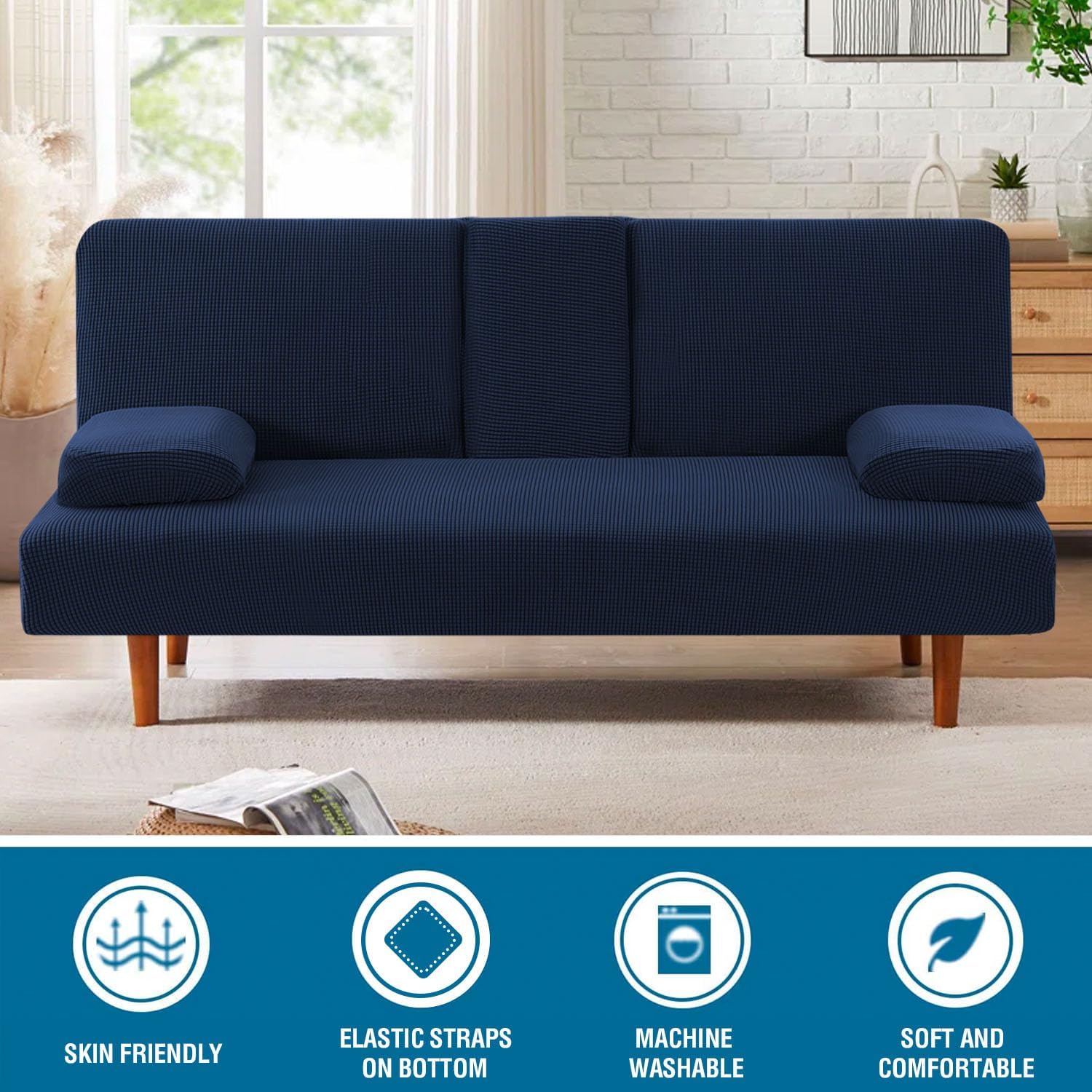 LiveGo Futon Cover 4 Pieces Stretch Futon Covers Sofa Bed Slipcover with Removable Armrests and Cupholders Covers Furniture Protector High Spandex Small Checks Jacquard Fabric (Navy Blue)