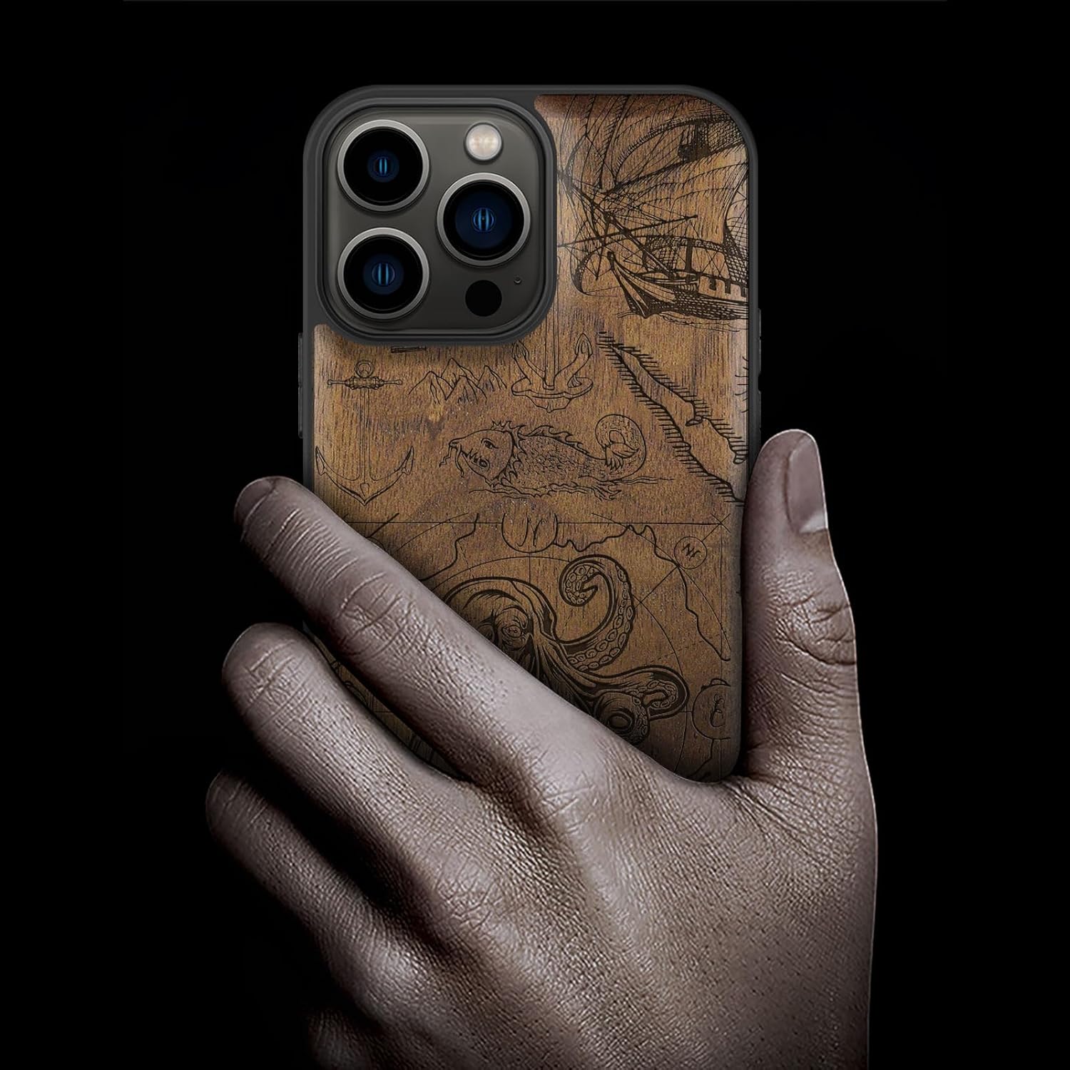 Carveit Magnetic Wood Case for iPhone 13 Pro Max [Natural Wood & Black Soft TPU] Unique Wooden Shockproof Protective Cover Compatible with magsafe (Deep Sea Octopus -Walnut)
