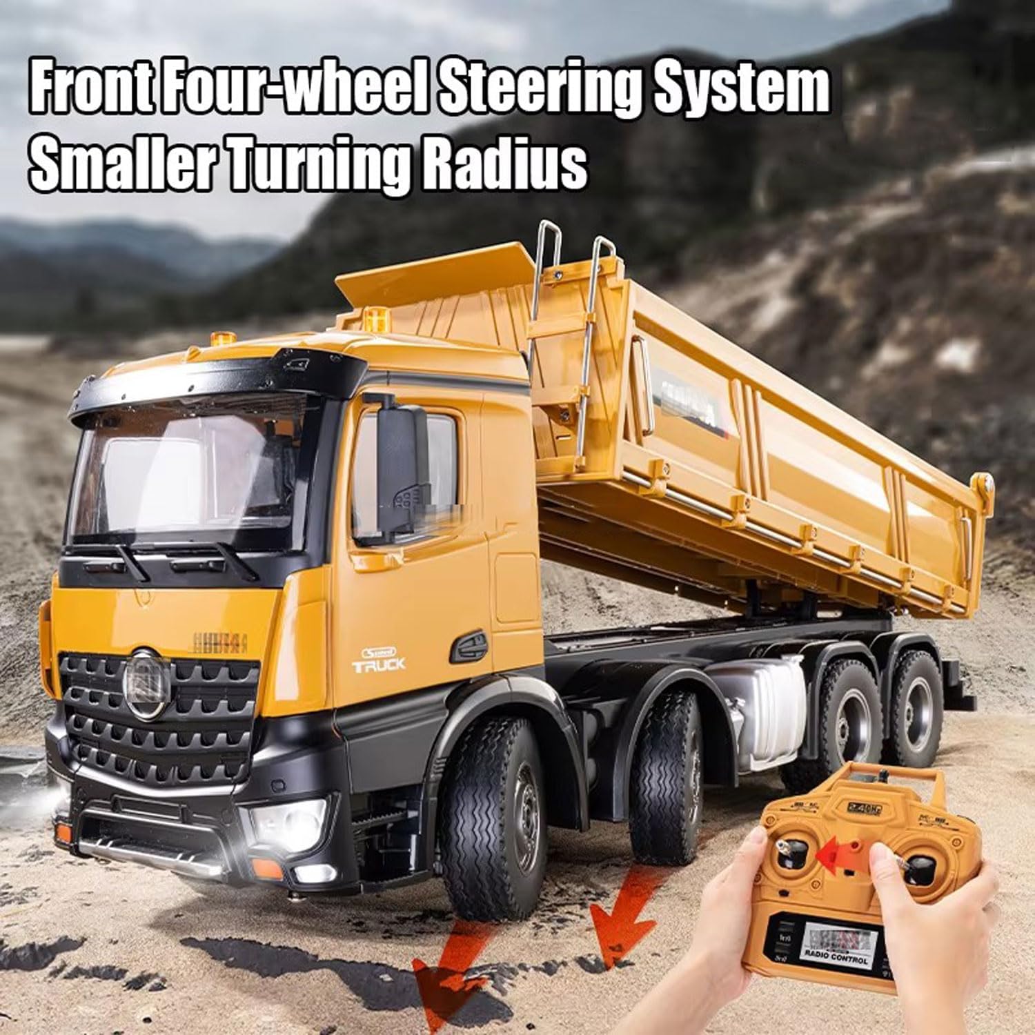 1:14 Scale RC Dump Truck with 2 Batteries, 4WD 2.4Ghz RC Truck with Trailer, 12CH RC Construction Vehicle with Light and Sound, Four-Wheel Steering, RC Toy Car for Boy Girl Birthday Gift