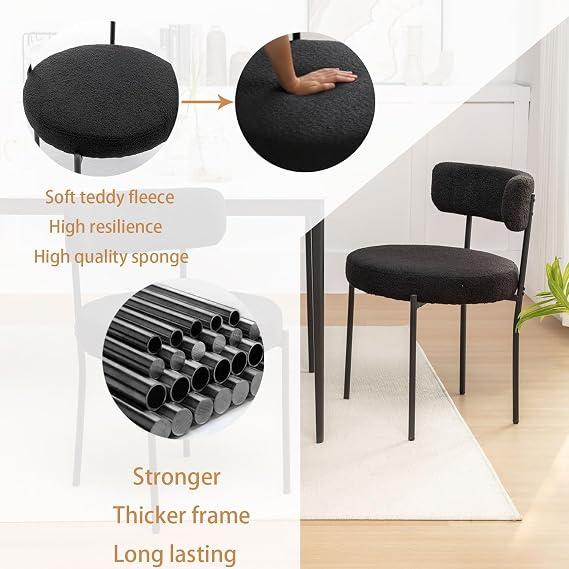 Riknuxi Boucle Dining Chairs Set of 4, Round Upholstered Dining Chairs with Black Metal Legs, Modern Dining Room Chairs for Dining Room, Kitchen, Living Room (Black)