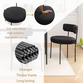 Riknuxi Boucle Dining Chairs Set of 4, Round Upholstered Dining Chairs with Black Metal Legs, Modern Dining Room Chairs for Dining Room, Kitchen, Living Room (Black)