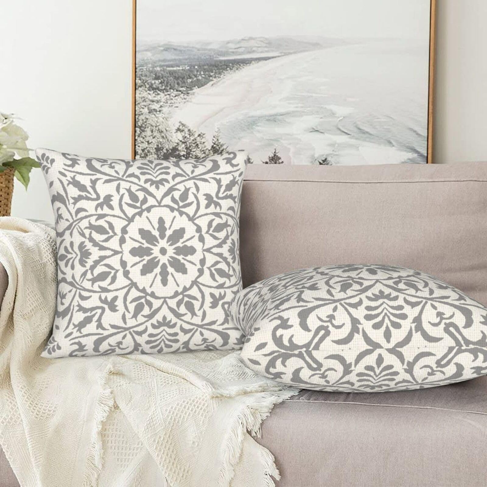 GAAFOSIPH Set of 2 Grey Cushion Covers 40cm x 40cm Bohe Modern Double Sided Printed Square Linen 16 x 16 inches Cushions Cover Home Decorations Pillow Cover for Sofa Bed Garden - Image 4