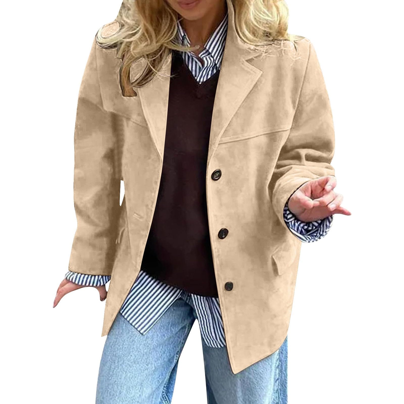 Oversized Suede Blazer for Women Fall Fashion Faux Suede Jacket Casual Lapel Button Work Jackets Business Trench Coat