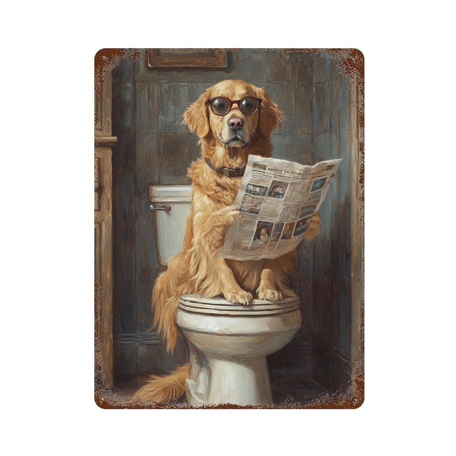Golden Retriever Reading Newspaper-5 15.7"x11.8" Decorative Tin Sign, Retro Wall Decor for Bistro, Counter And Cafe Decor