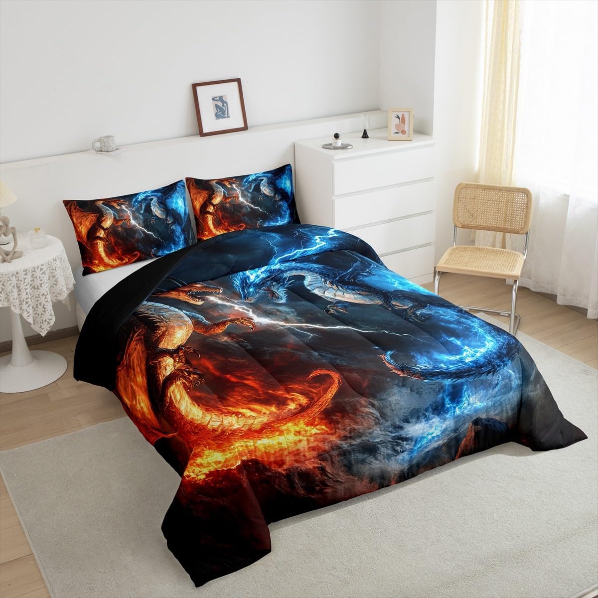 Feelyou Dragon Comforter Set Toddler Size Dragon Stuff Comforter Wild Life Bedding Set Thunder and Lightning Duvet Set Room Decor Blue Orange Quilt Set