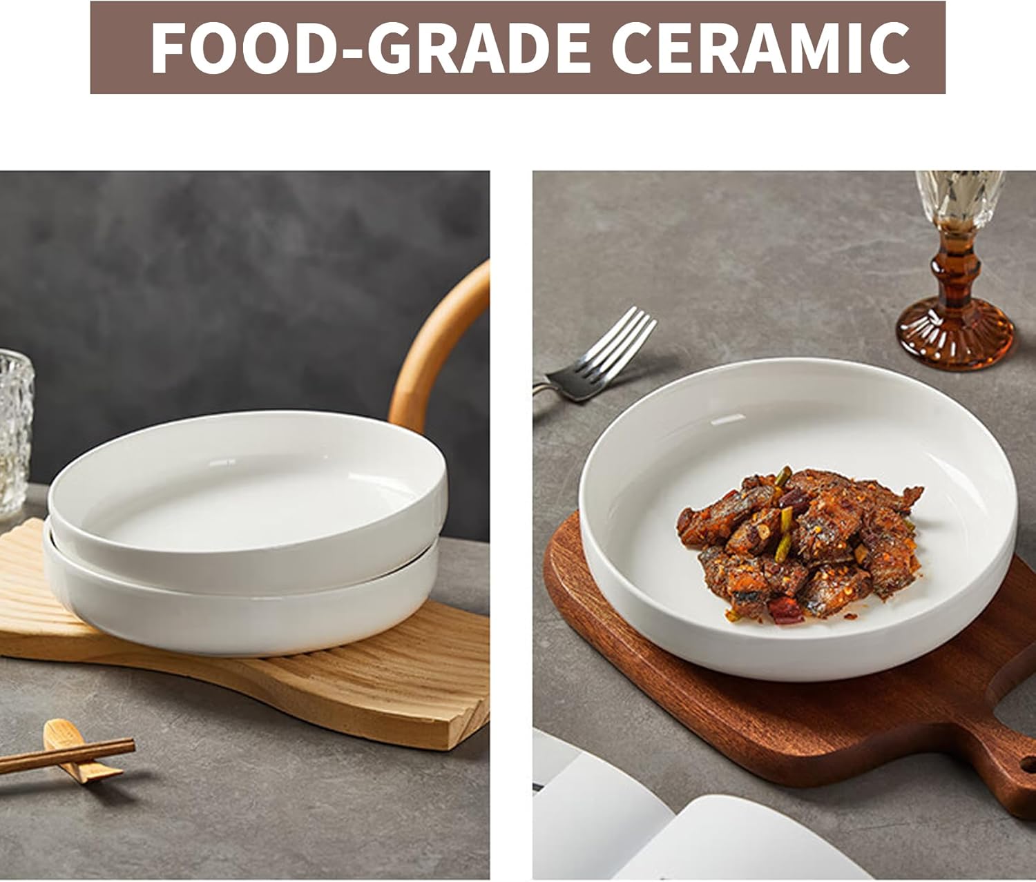 4 Pack Large Ceramic Pasta Bowls, Salad Bowls, Deep Plates, for Serving Soup, Pasta, Noodle, Compact Stack Bowl Set, Microwave and Dishwasher Safe, 8 Inch, White - Image 5