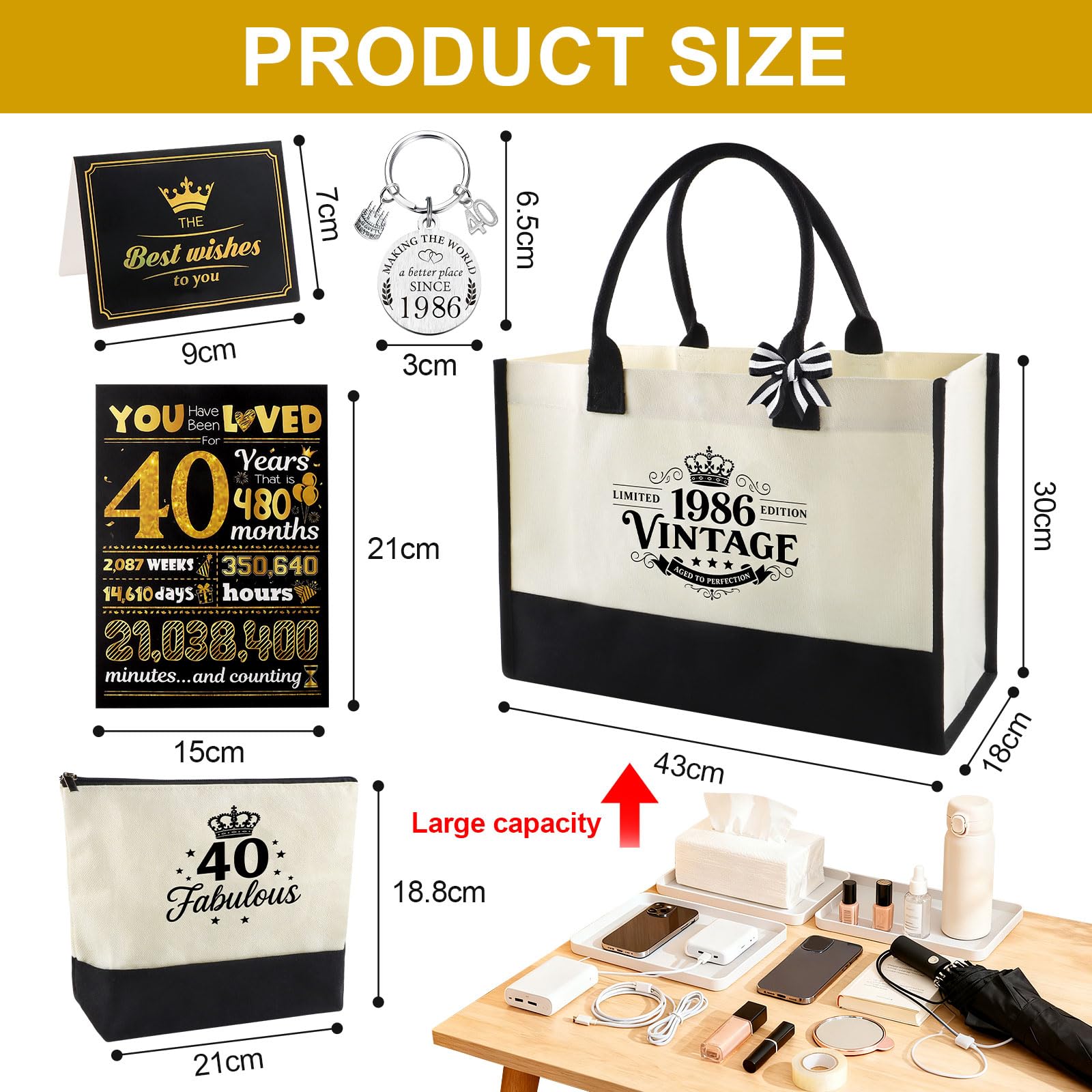 Cadeau ans femme Ensemble vintage sac cabas en toile imperméable trousse carte de vœux et porte-clés Cadeau souvenir durable et réutilisable pour maman amie ou épouse