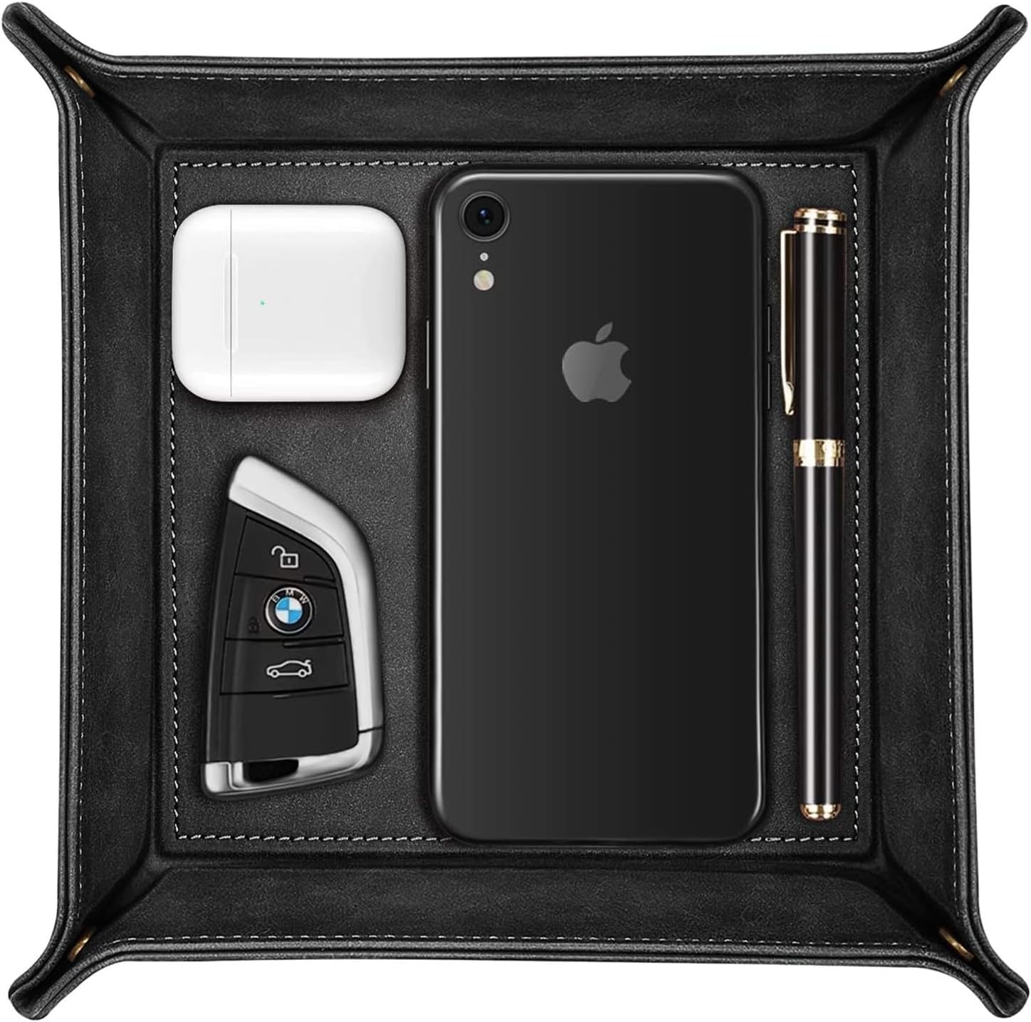 THMINS Valet Tray, Nightstand Organizer, Dresser Organizer, Mens Jewelry Box, Valet Charging Station, Faux Leather Valet Tray for Men and Women (Keystoragebox-black)