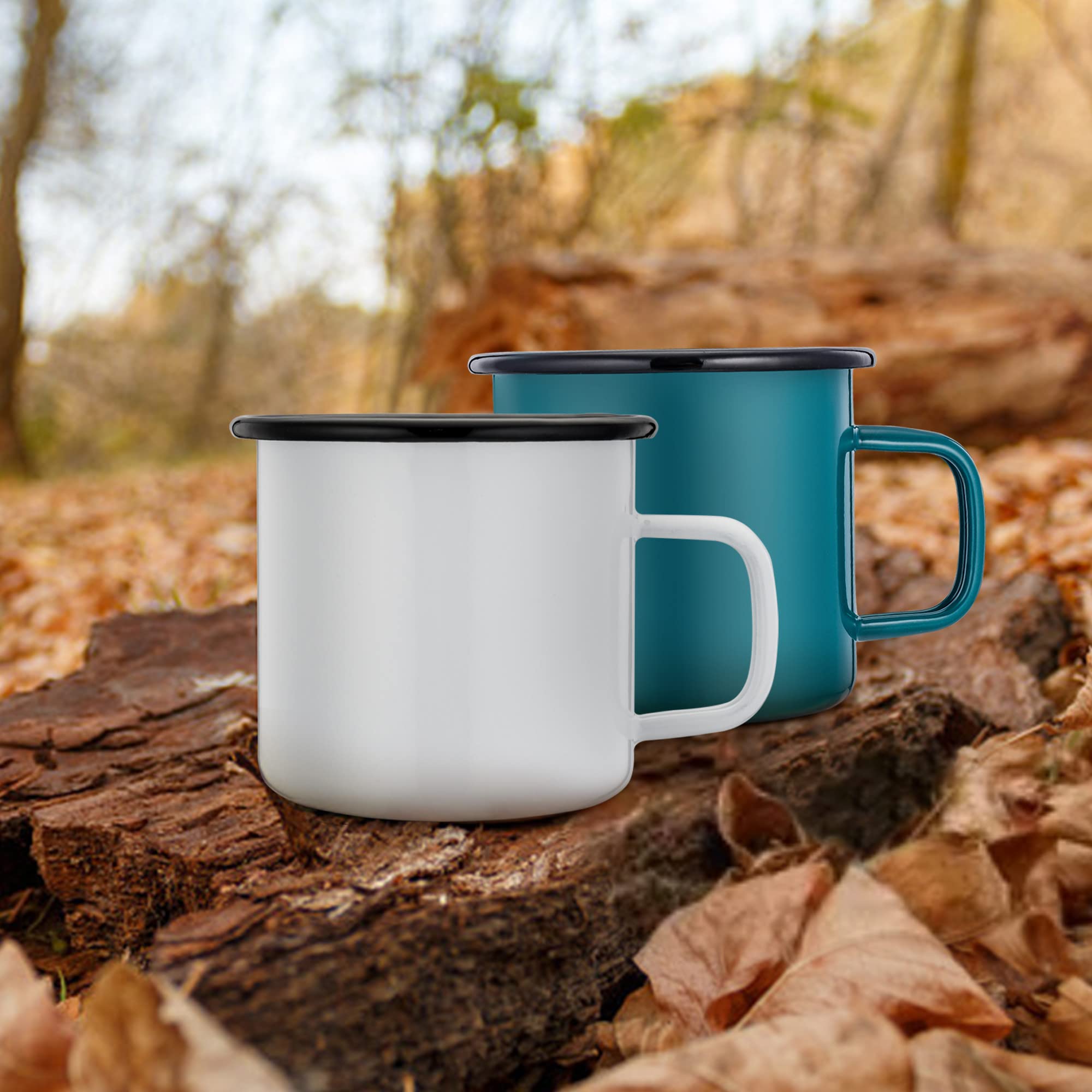 Herogo Juego de 6 tazas de esmalte, tazas de café blanco/negro/rojo/azul/verde/amarillo, tazas de té esmaltadas de porcelana con asa para camping, casa, fiesta, reutilizable y portátil, 350 ml