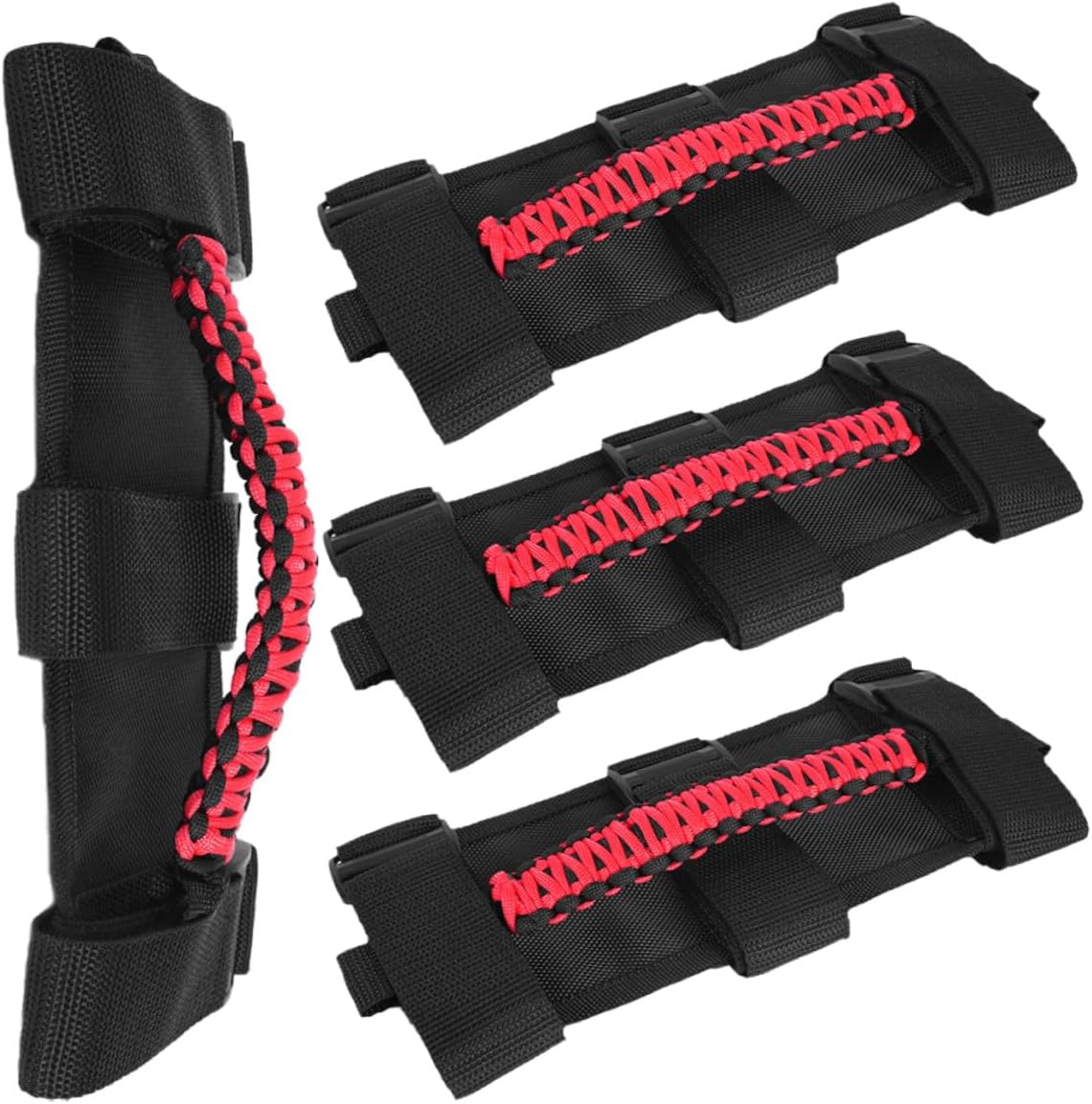 4pcs Black and Red Paracord Vehicle Grab Handles Car Ceiling Assist Handles for Off-Road SUV and Passenger Mobility Support