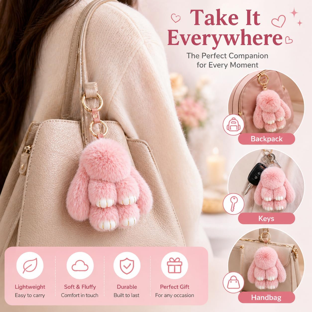 Bunny Keychain with Box - Soft Rabbit Keyring for Bag, Keys, Car, Cute Keychain Set for Christmas, Birthday, Holiday
