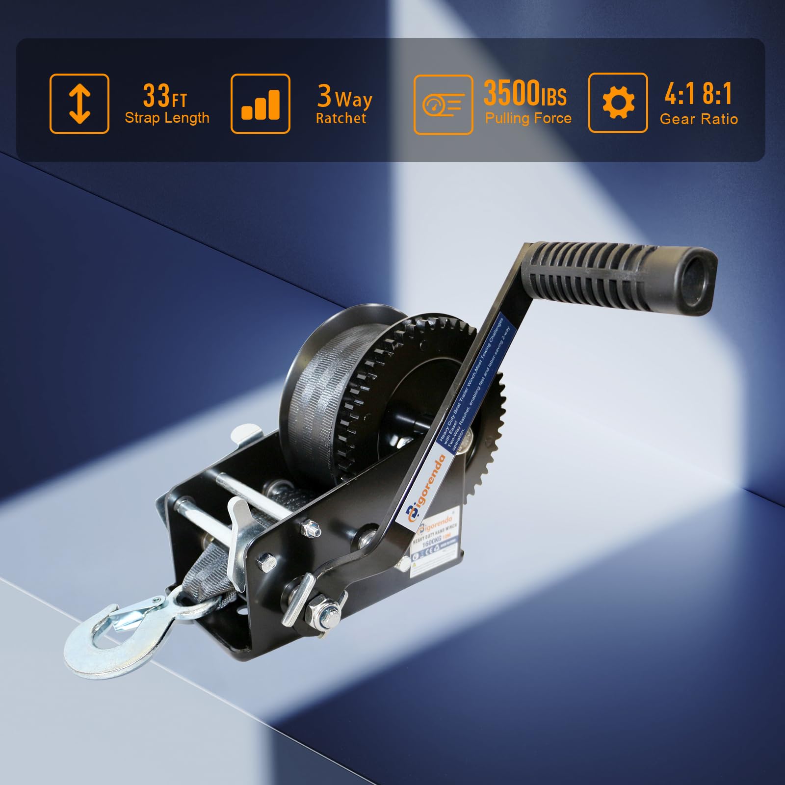 Hand Winch, Boat Trailer Winch Hand Winch with 10M (33FT) Polyester Strap and Two-Way Ratchet, 3500LBS Pulling Capacity, Heavy Duty Manual Operated Hand Crank Winch for Trailer, Boat or ATV Towing — view 2
