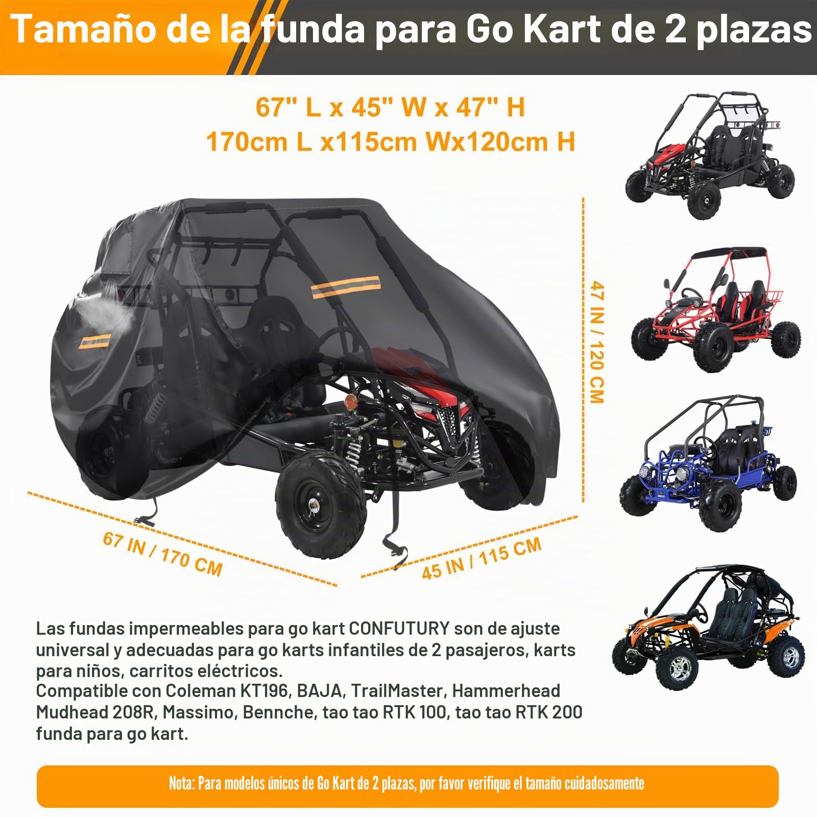Funda para Go Kart, Resistente 420D Oxford de 2 plazas, Impermeable, con ventilación de Aire, 4 Asas Reflectantes, 2 Hebillas Resistentes al Viento, Funda Protectora para Gokart Coleman KT196, Baja,