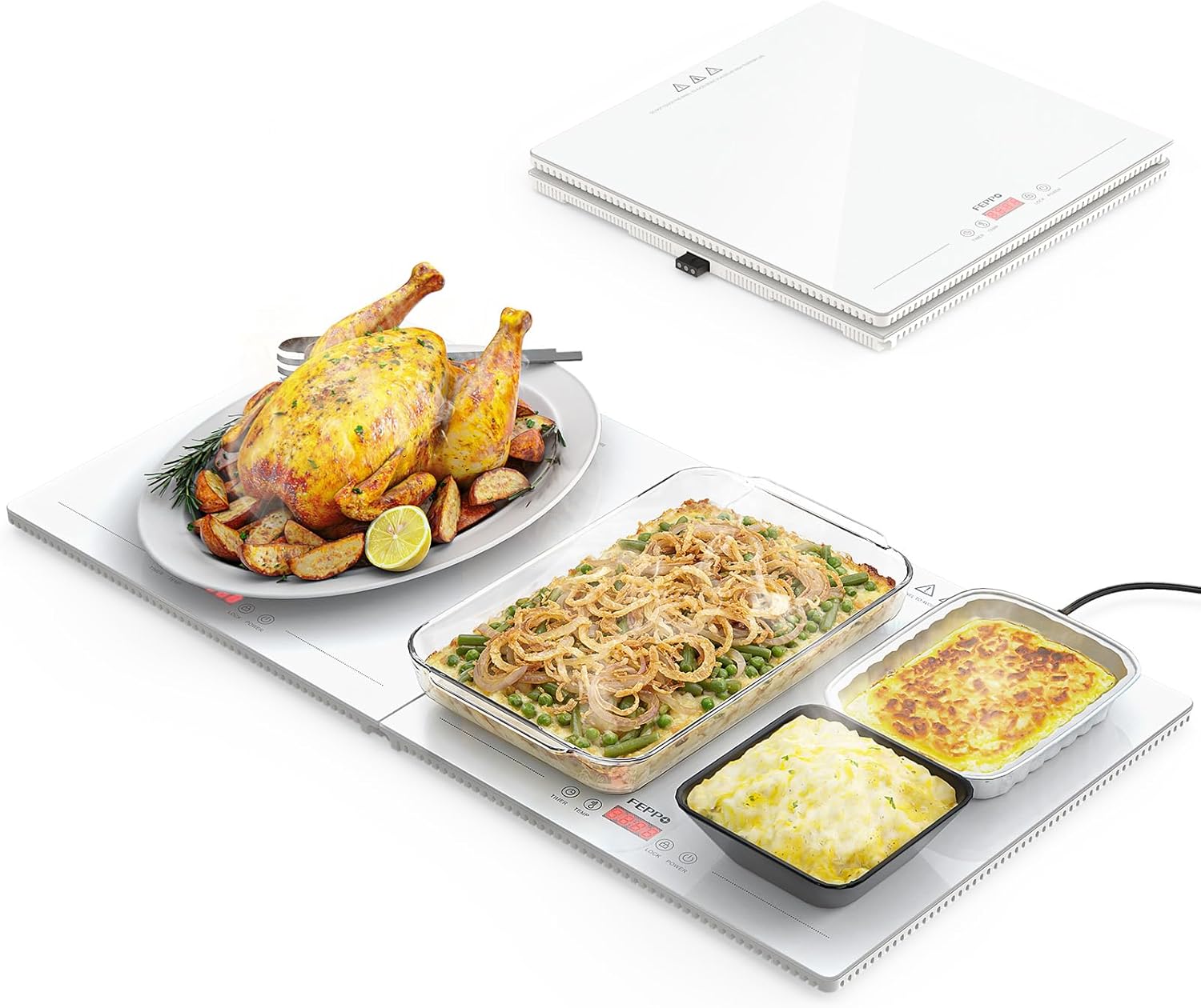 FEPPO Electric Warming Tray with Independent Temp & Timer Control, 2-in-1 Modular Food Warmer for Parties Buffet, 31"x15" Glass Surface Warming Mat for Food, Ideal for Catering & Gatherings