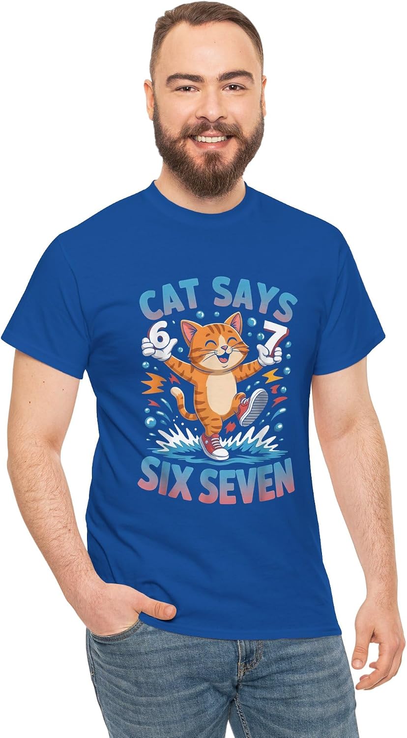 Funny Cat Says Six Seven 6 7 Meme Graphic | Gen Z Viral Trend Humor | Funny Student Teacher Gen Alpha Apparel Royal image 4