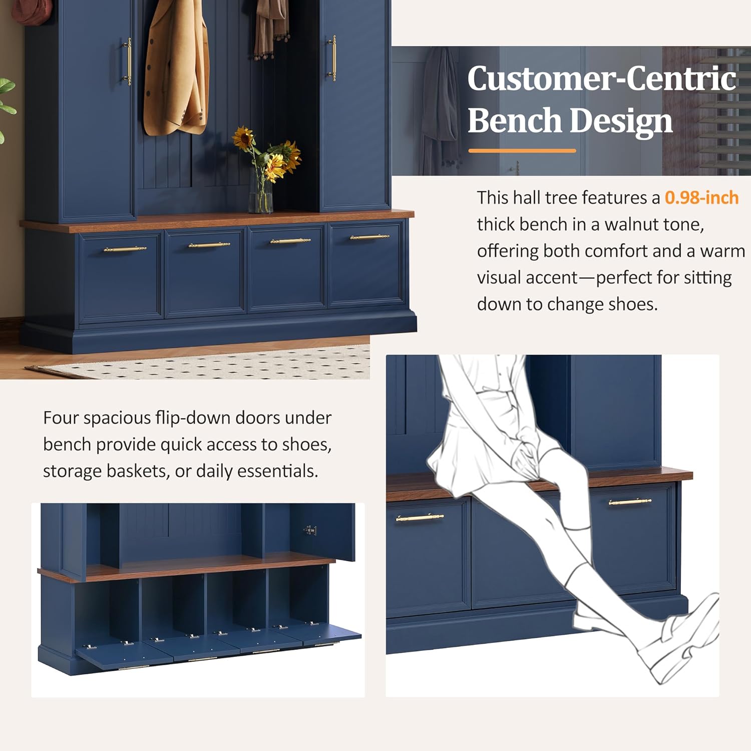 Merax 59" W Hall Tree with Golden Hooks & Handles, Practical Entryway Walnut Bench with Adjustable Shelves, 76.7" H Farmhouse Wooden Style Coat & Shoe Rack for Mudroom, Living Room, Blue